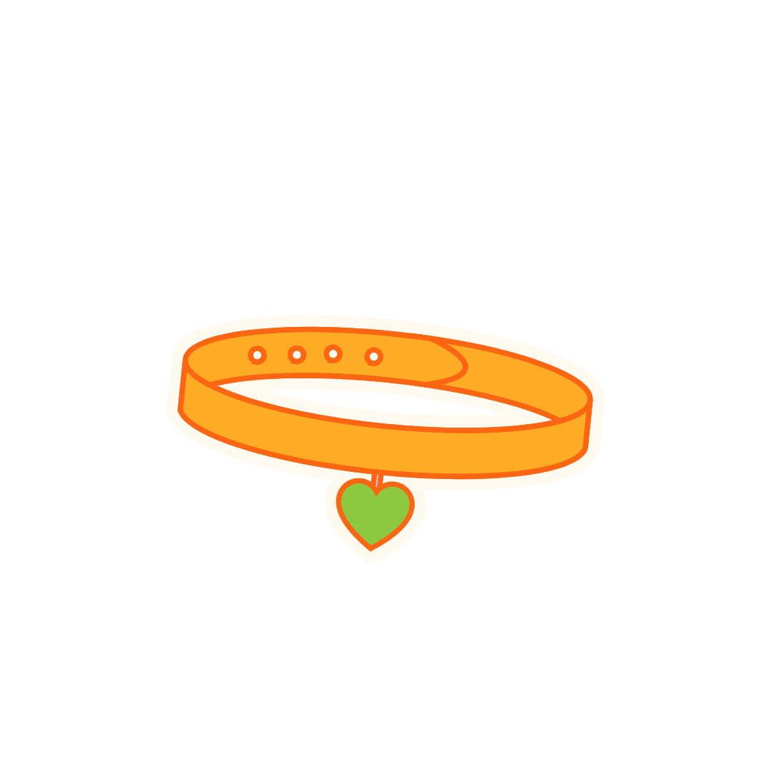 Illustration of an orange pet collar with a green heart-shaped tag hanging from it.