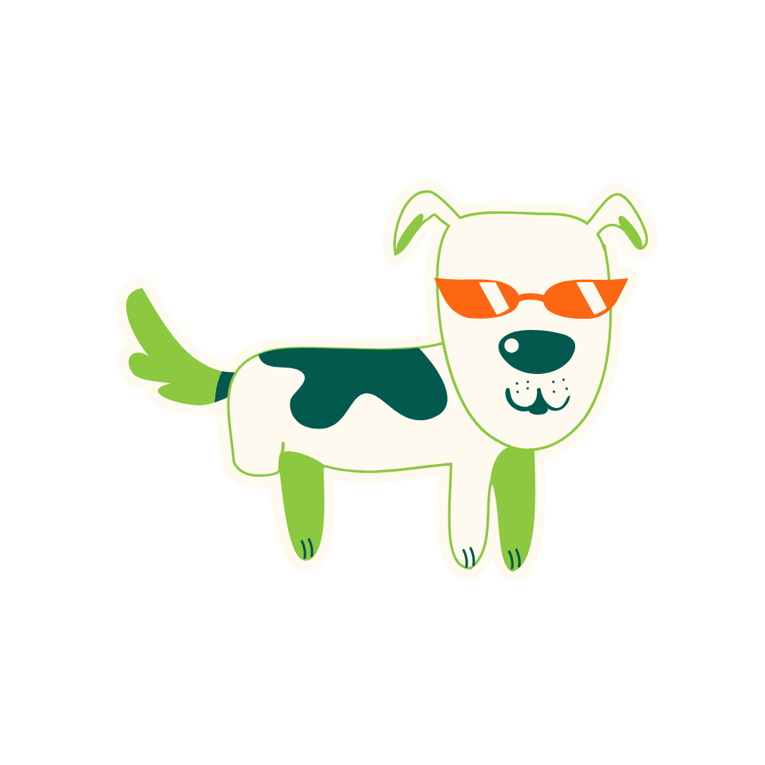 Cartoon dog wearing orange sunglasses, with a white and green body, black spots, and a green tail.