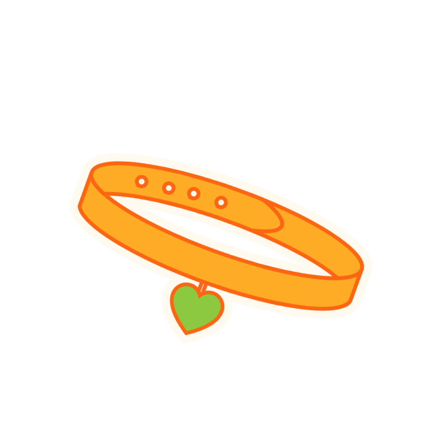 An orange dog collar with a green heart-shaped tag hanging from it.