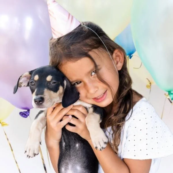 A young girl wearing a pink party hat is happily holding a small black and tan puppy in front of colorful balloons.