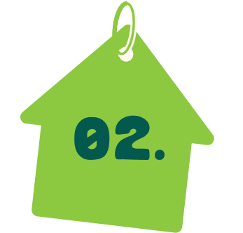 A green house-shaped tag with the number 2 written on it in dark green