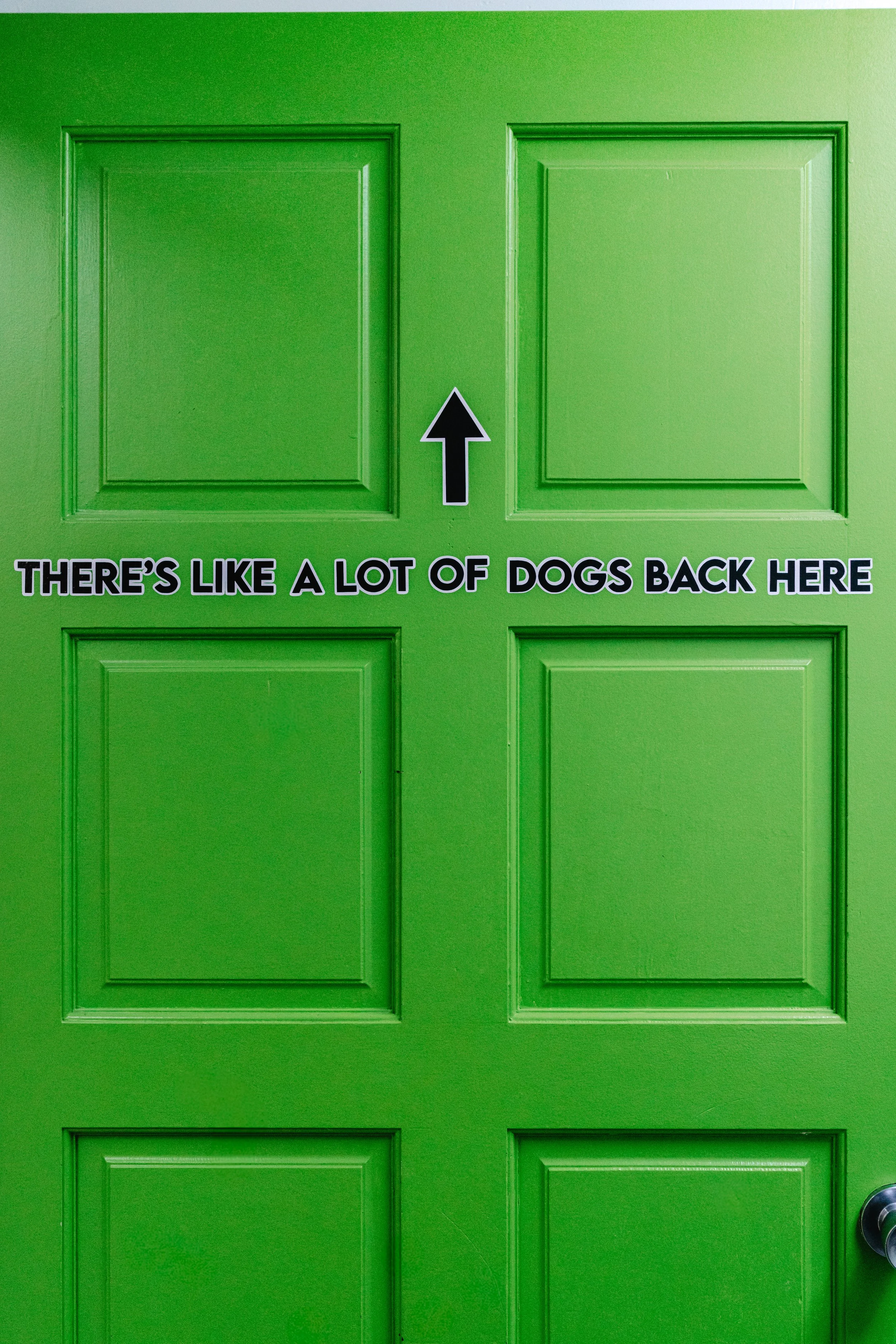 Green door with a sign featuring an upward arrow and a humorous message underneath that reads, "There's like a lot of dogs back here."