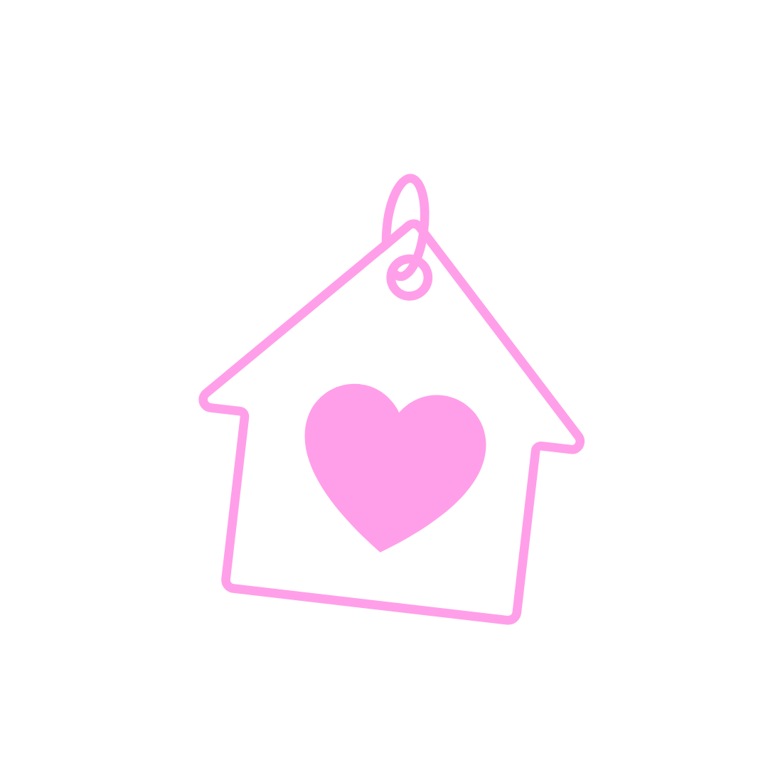Pink house-shaped outline with a heart in the center, on a black background.