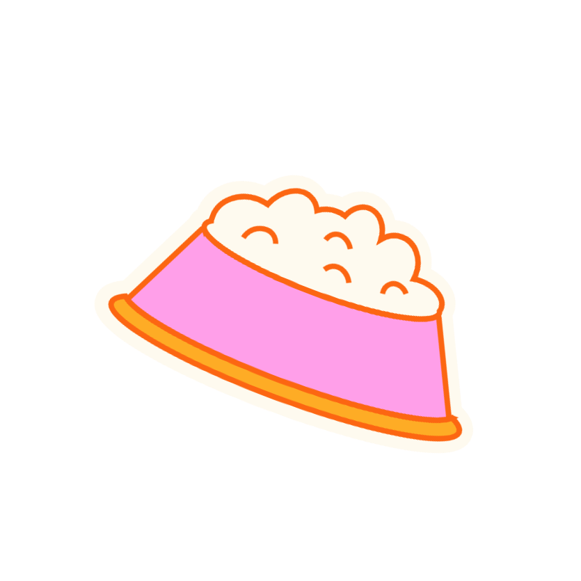Cartoon illustration of a pink pet food bowl filled with white kibble.