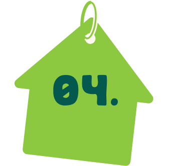 Green house-shaped tag with the number 04 written in dark green.
