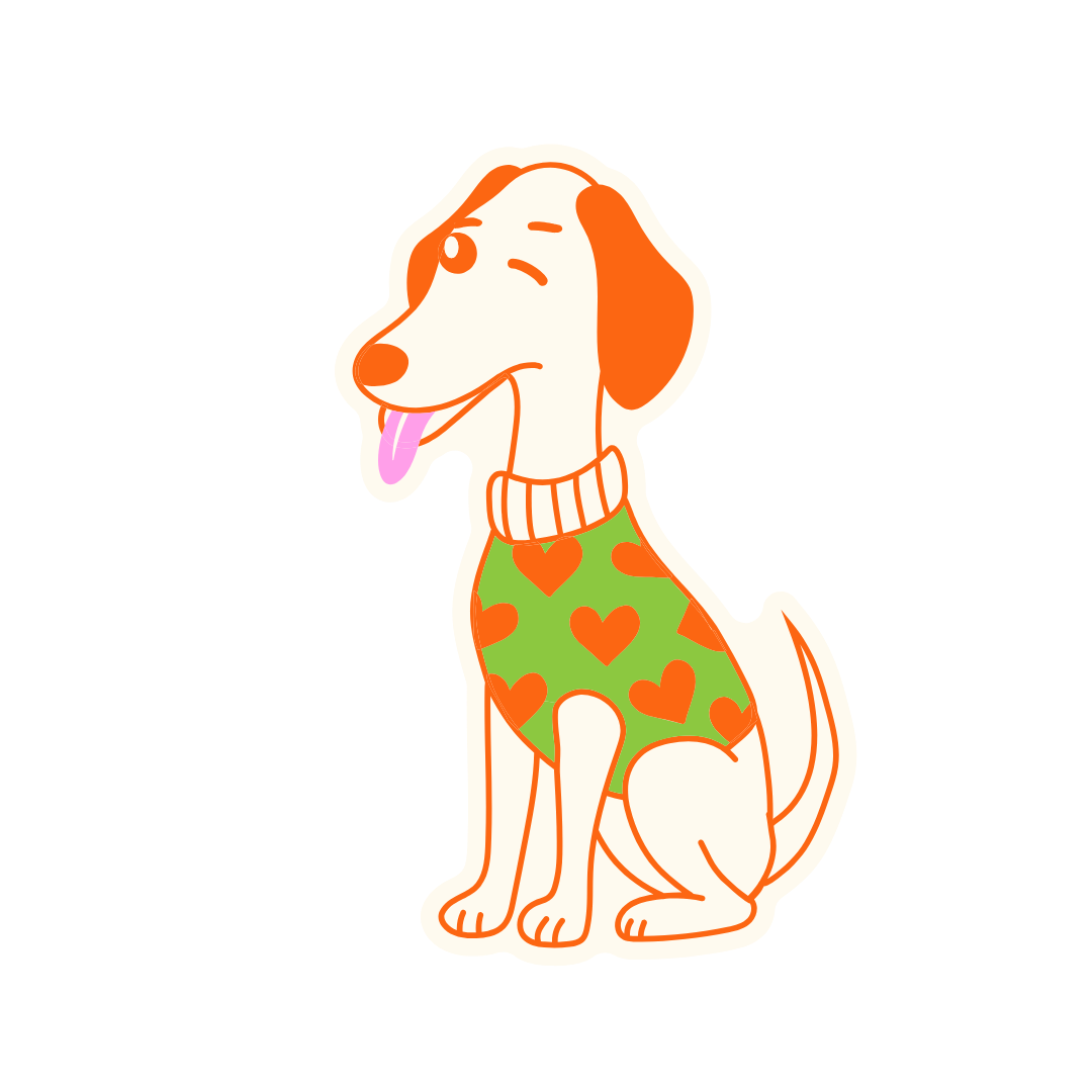 Cartoon illustration of a happy dog wearing a green sweater with orange hearts, sitting with its tongue out.