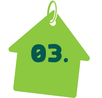 A green house-shaped tag with the number 3 written on it in dark green