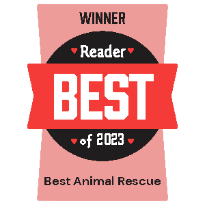 A badge with a pink background, black circle, and red ribbon, reading 'Winner Reader Best of 2023 Best Animal Rescue'.