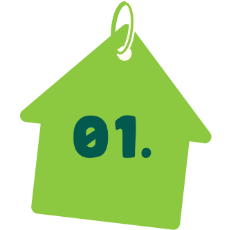 A green house-shaped tag with the number 1 written on it in dark green