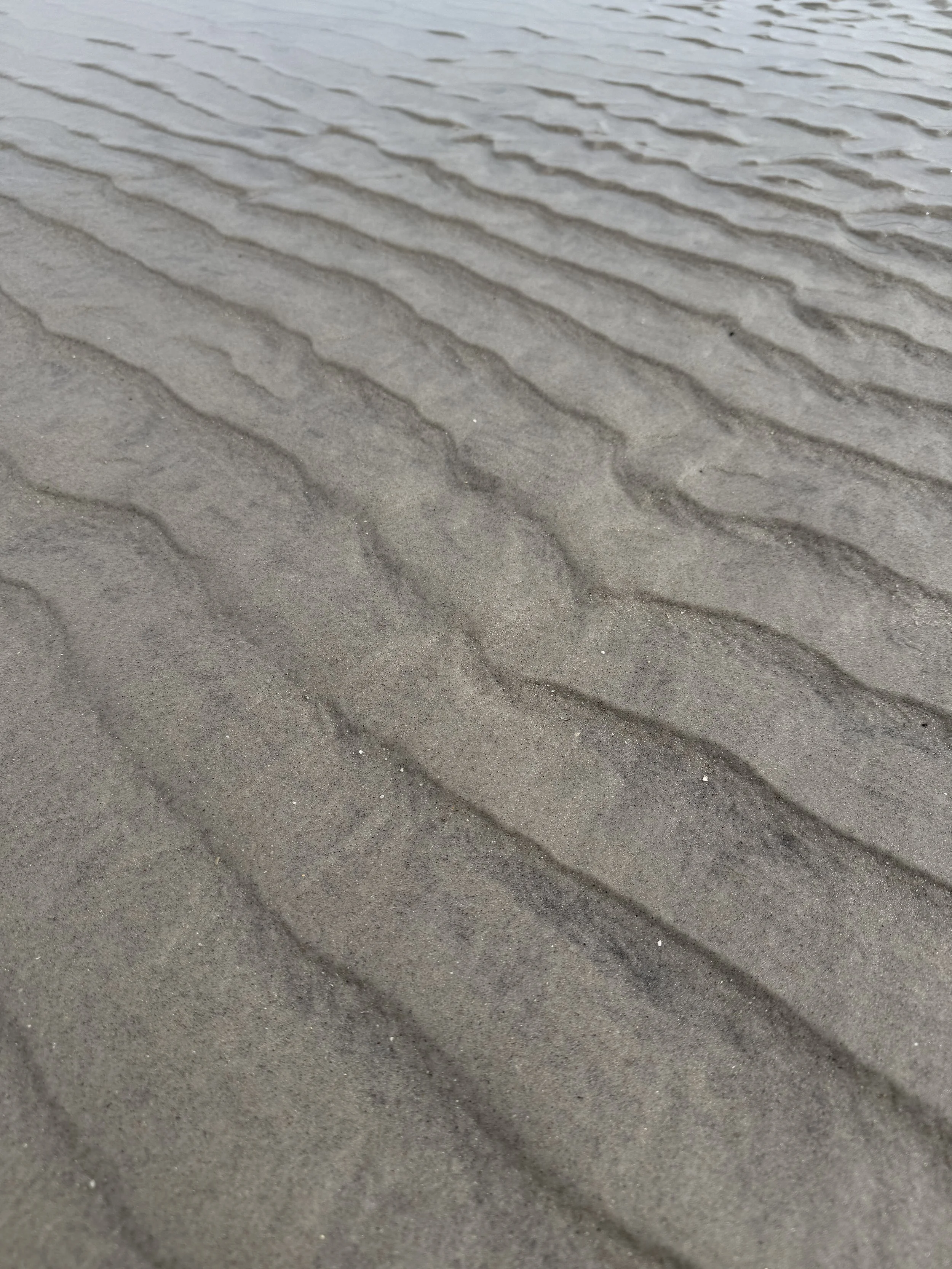 Sand with rippled patterns near water edge.