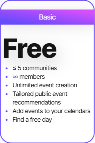 Screen displaying a plan called 'Basic' offering free community events with features like unlimited event creation and calendar integration.