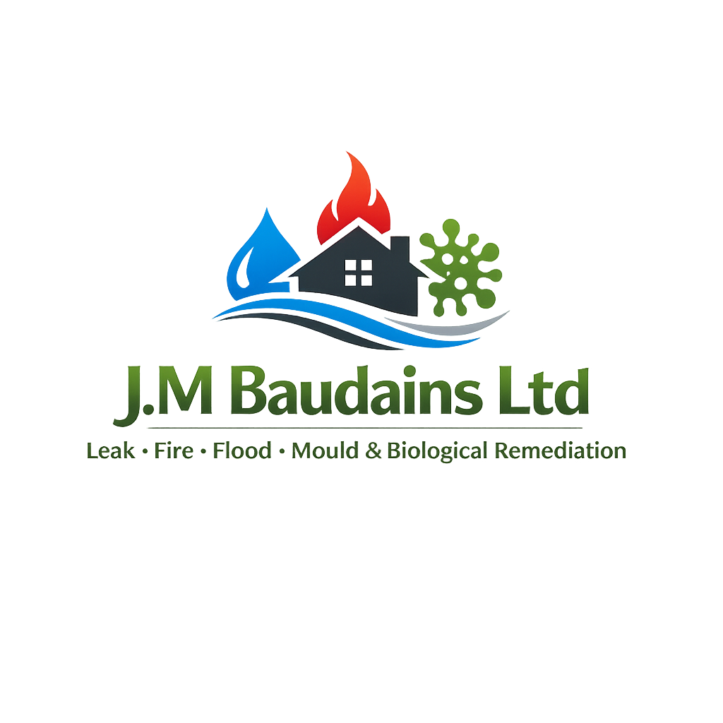 Logo for J.M Baudains Ltd featuring a house with flames and water droplets, with a green mold spore. Text indicates services for leak, fire, flood, mold, and biological remediation.
