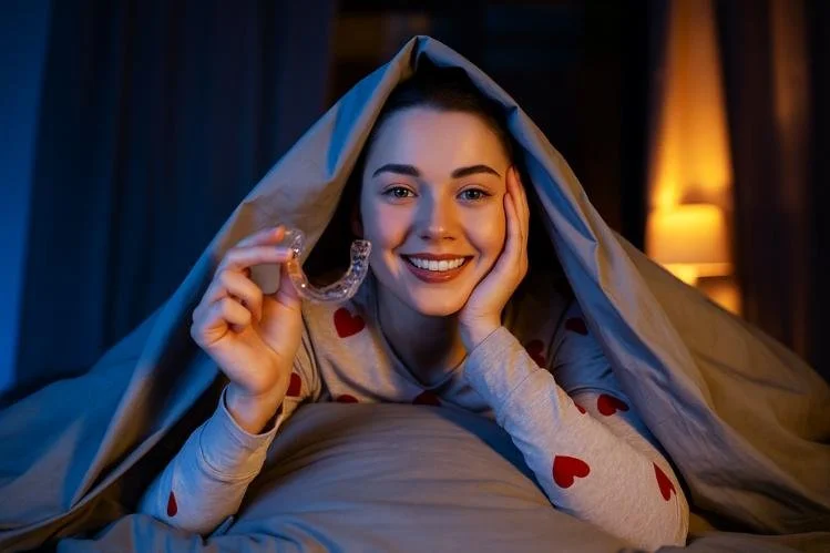 Patient holding a custom night guard used for teeth grinding and bruxism treatment in Fox Point, Bayside, and Mequon Wisconsin.