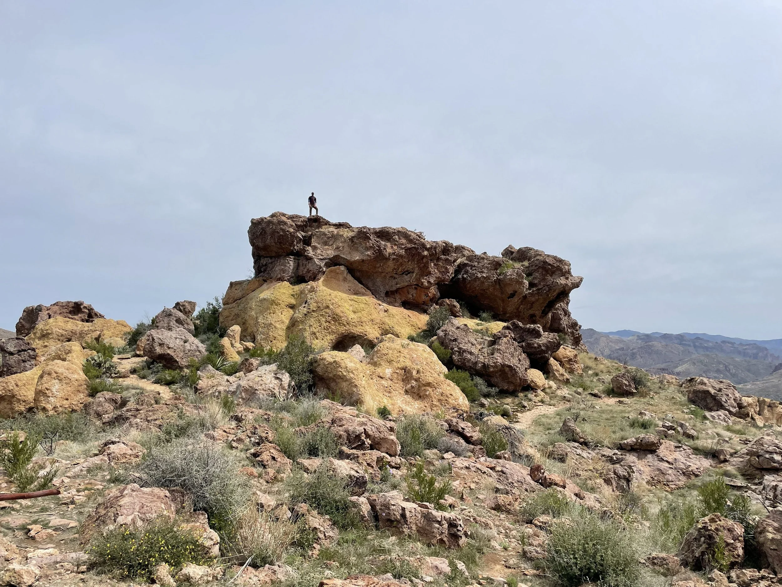 A person standing on a large rock formation in a desert landscape with distant mountains and cloudy sky.