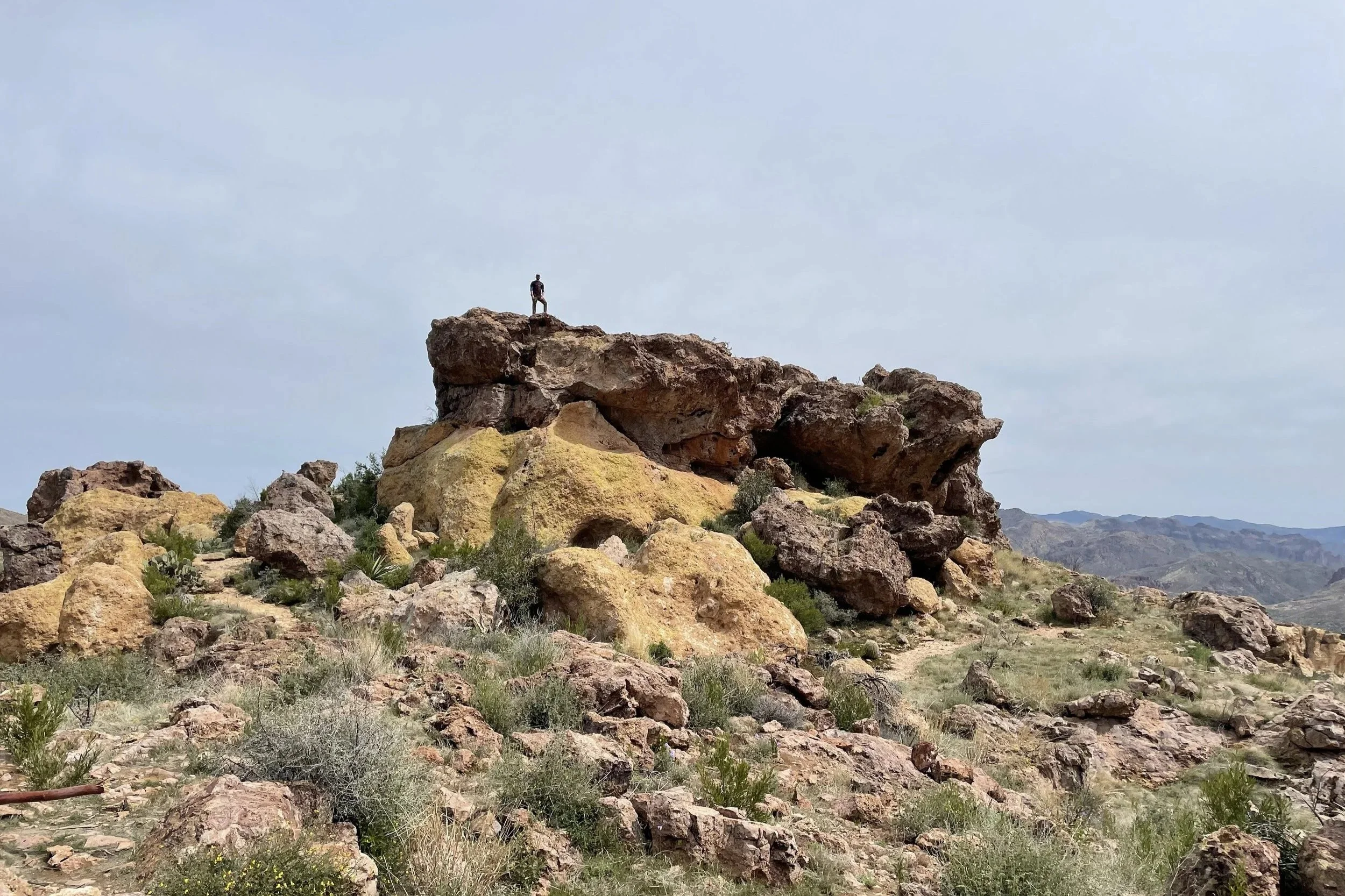 A person standing on a large rock formation in a desert landscape with scattered smaller rocks and sparse vegetation, with mountains in the distance and a cloudy sky overhead.