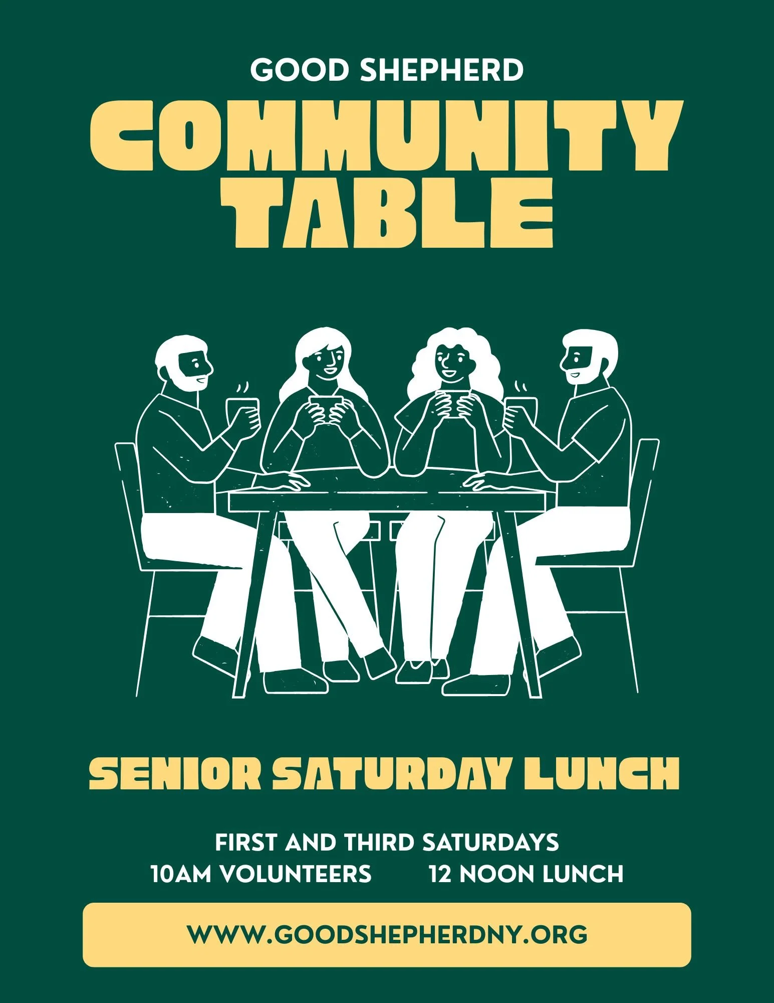 Flyer for Good Shepherd community senior Saturday lunch event featuring illustration of four people sitting at a table, holding cups, with event details about dates, times, and volunteer information, and a website link.