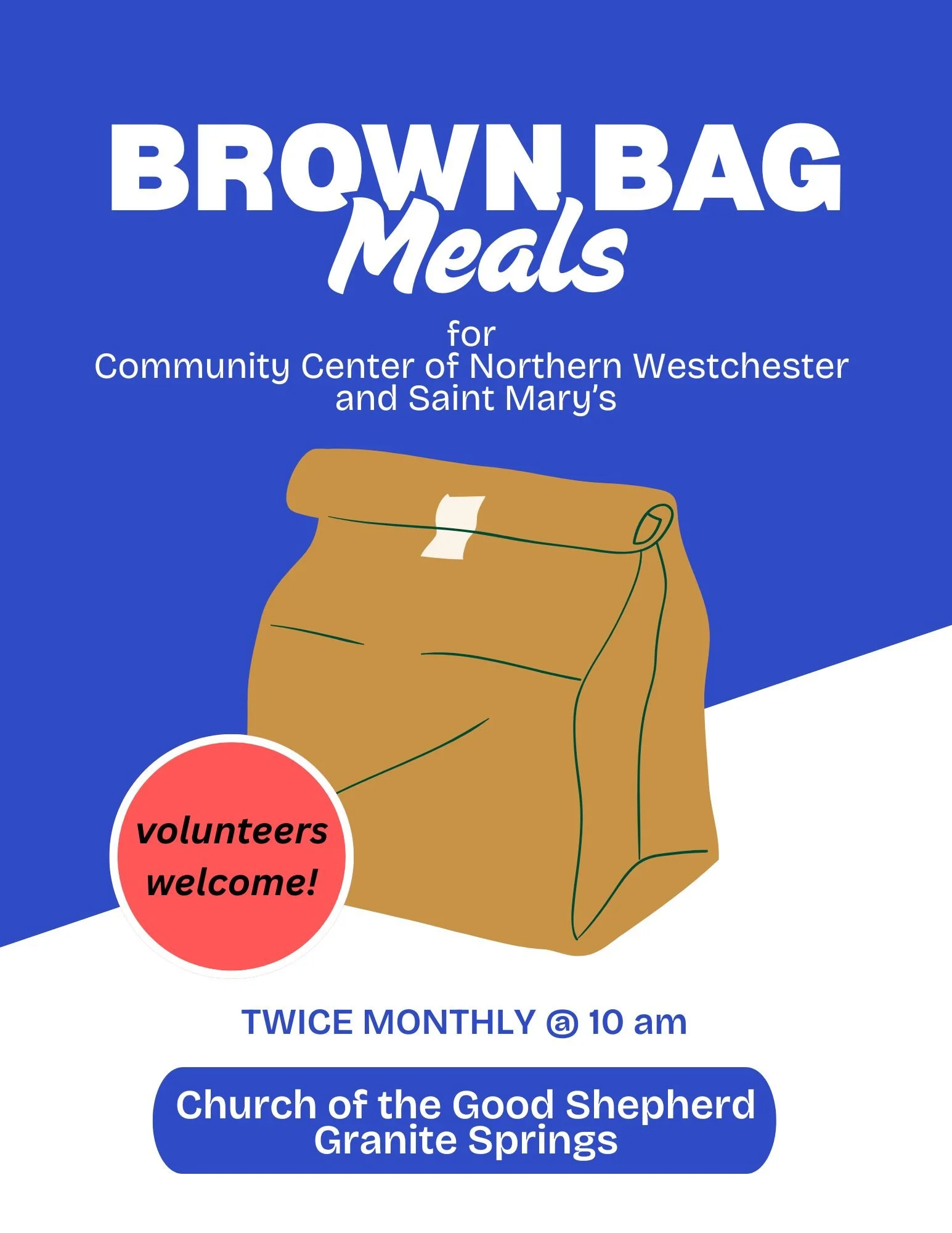 Flyer for a community meal event organized by the Church of the Good Shepherd in Granite Springs. The flyer features a blue background with text about bi-monthly meals for the Community Center of Northern Westchester and Saint Mary's, encouraging volunteers, with details about timing at 10 am.