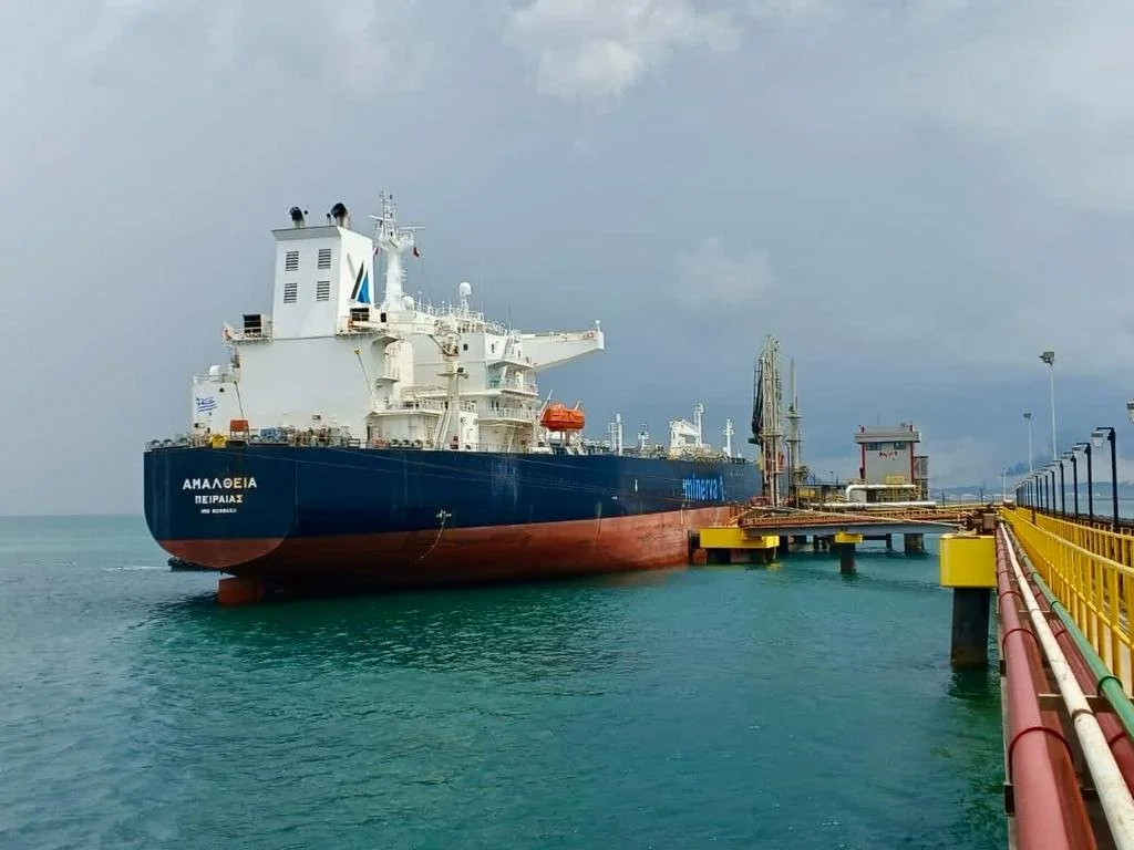 A large cargo ship docked at a pier with a cloudy sky in the background.