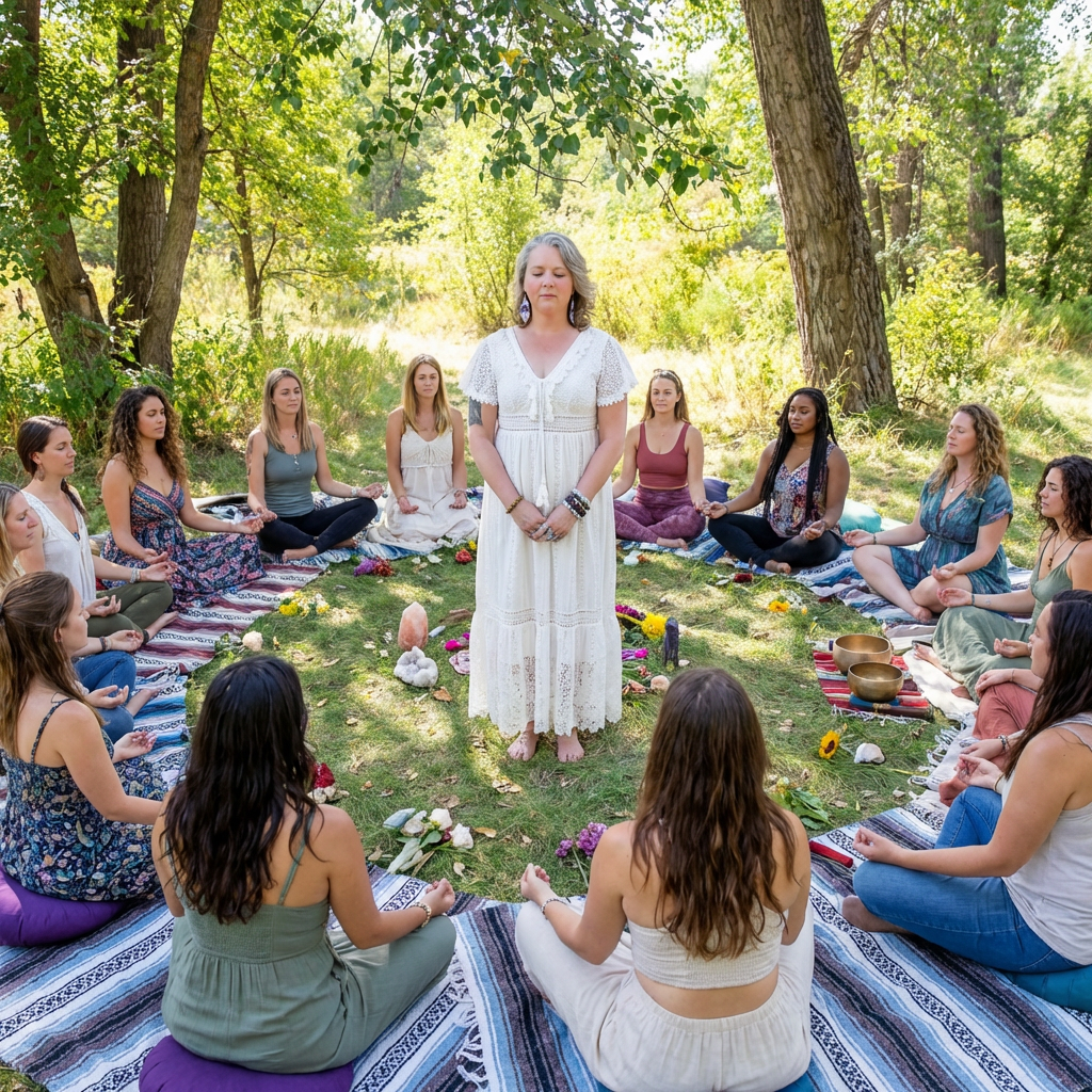 A woman standing in the center of a circle of women meditating outdoors in a lush green forest.