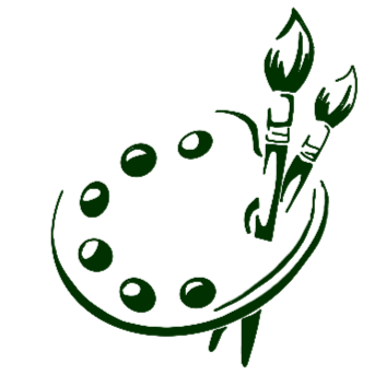 A green illustrated artist's palette with several paintbrushes stuck in it.