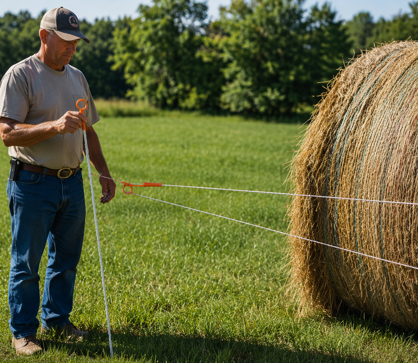 A man in a beige T-shirt, jeans, and a baseball cap standing in a grassy field during daytime, using a measuring tape connected to a large rounded hay bale secured with a string.
