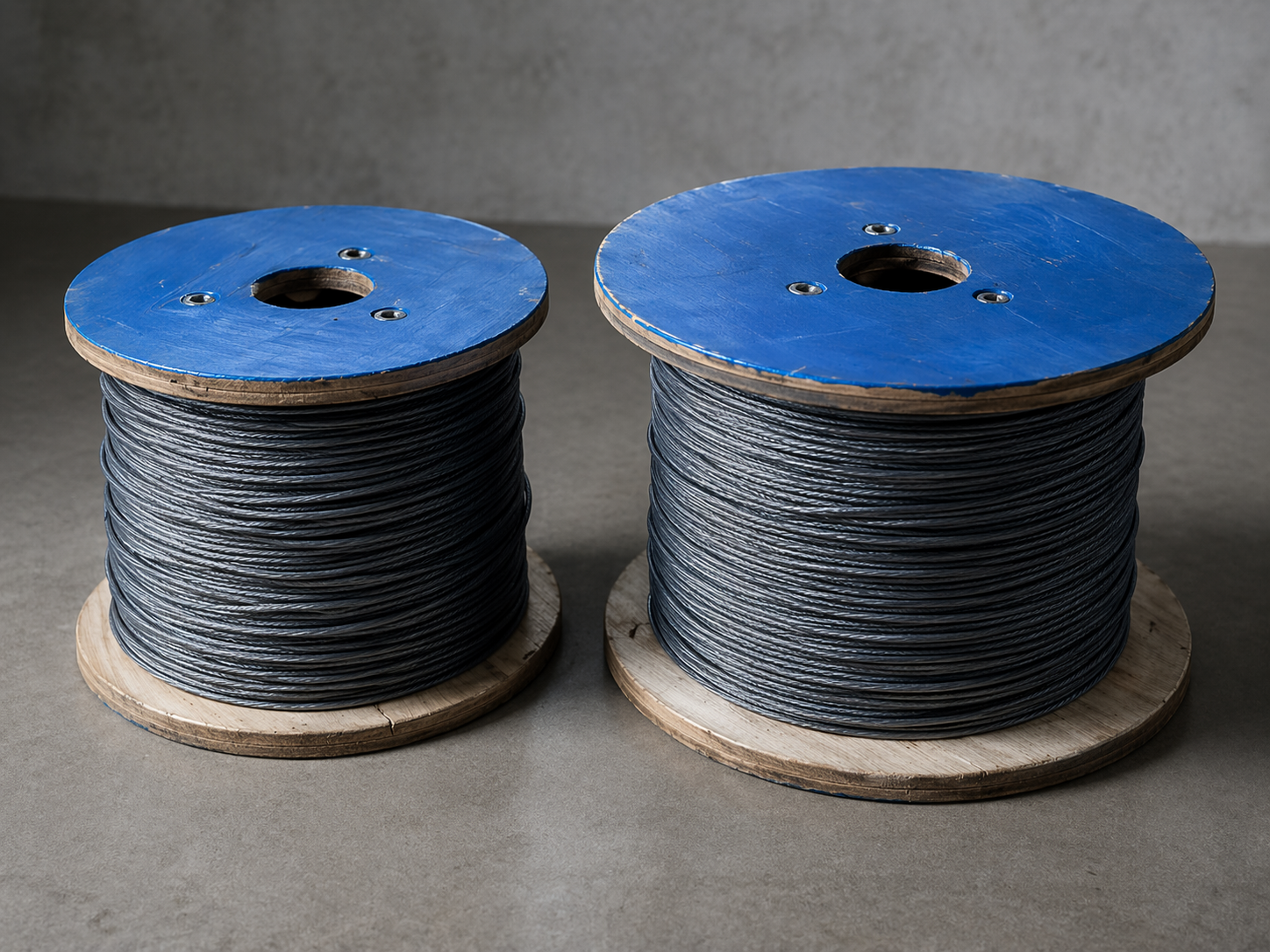 Two large wooden spools with black cable on a concrete surface. The spools have blue tops with holes in the center.