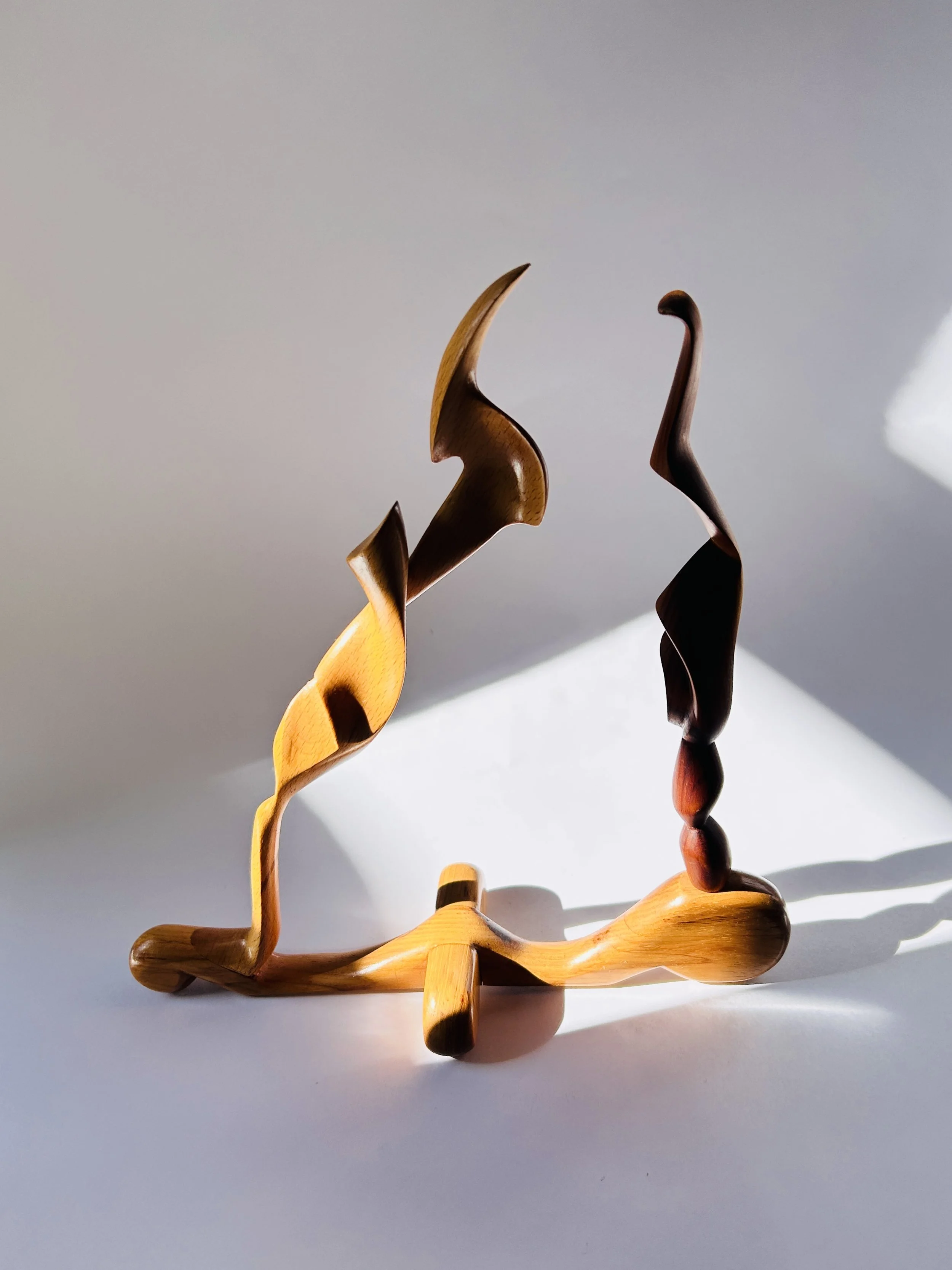 Vintage hand-carved wooden abstract sculpture with organic modern form, studio craft wood art object