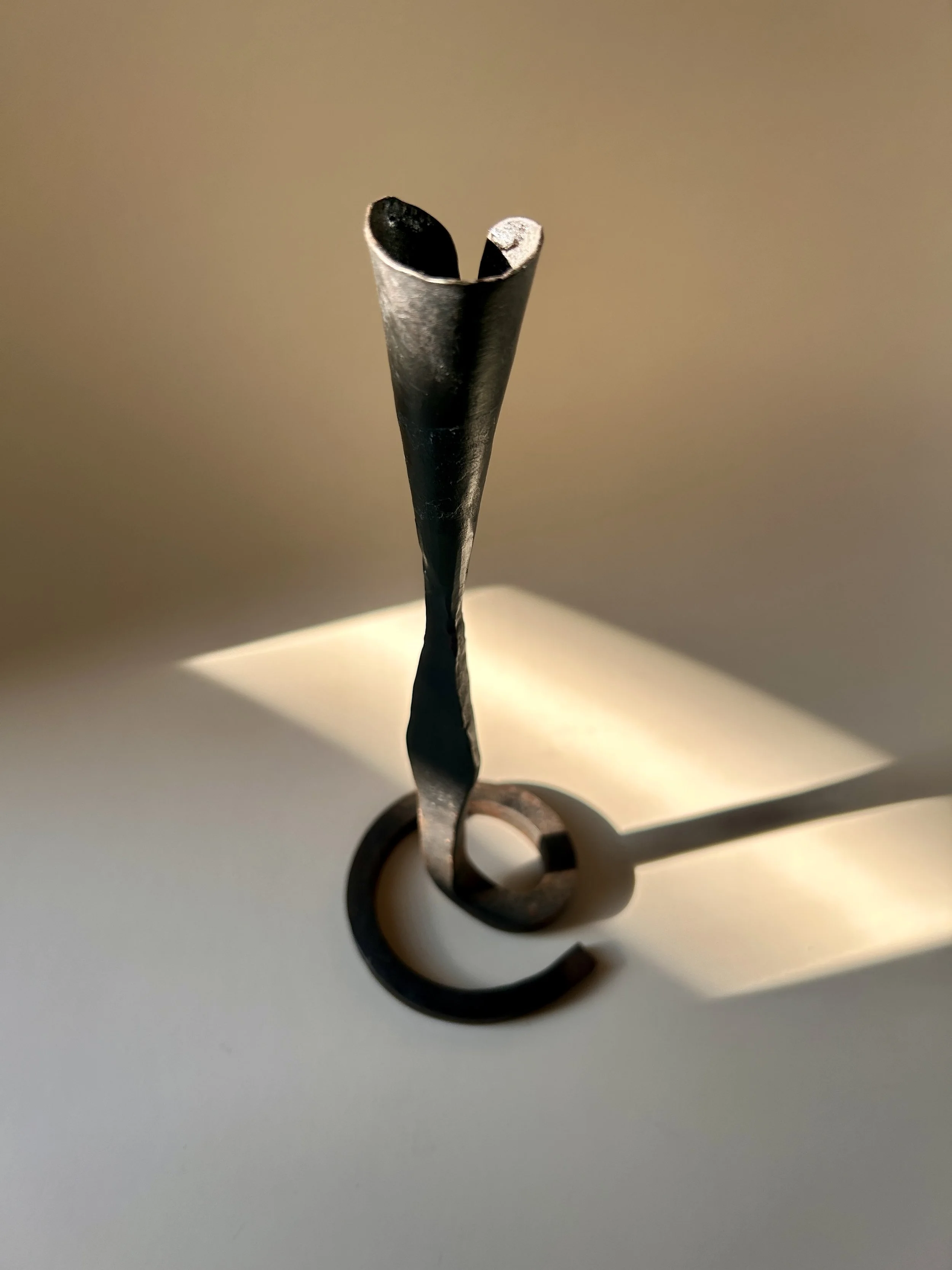 Sculptural hand forged black iron taper candlestick with a curled spiral base, slender twisted stem, and flared candle cup.