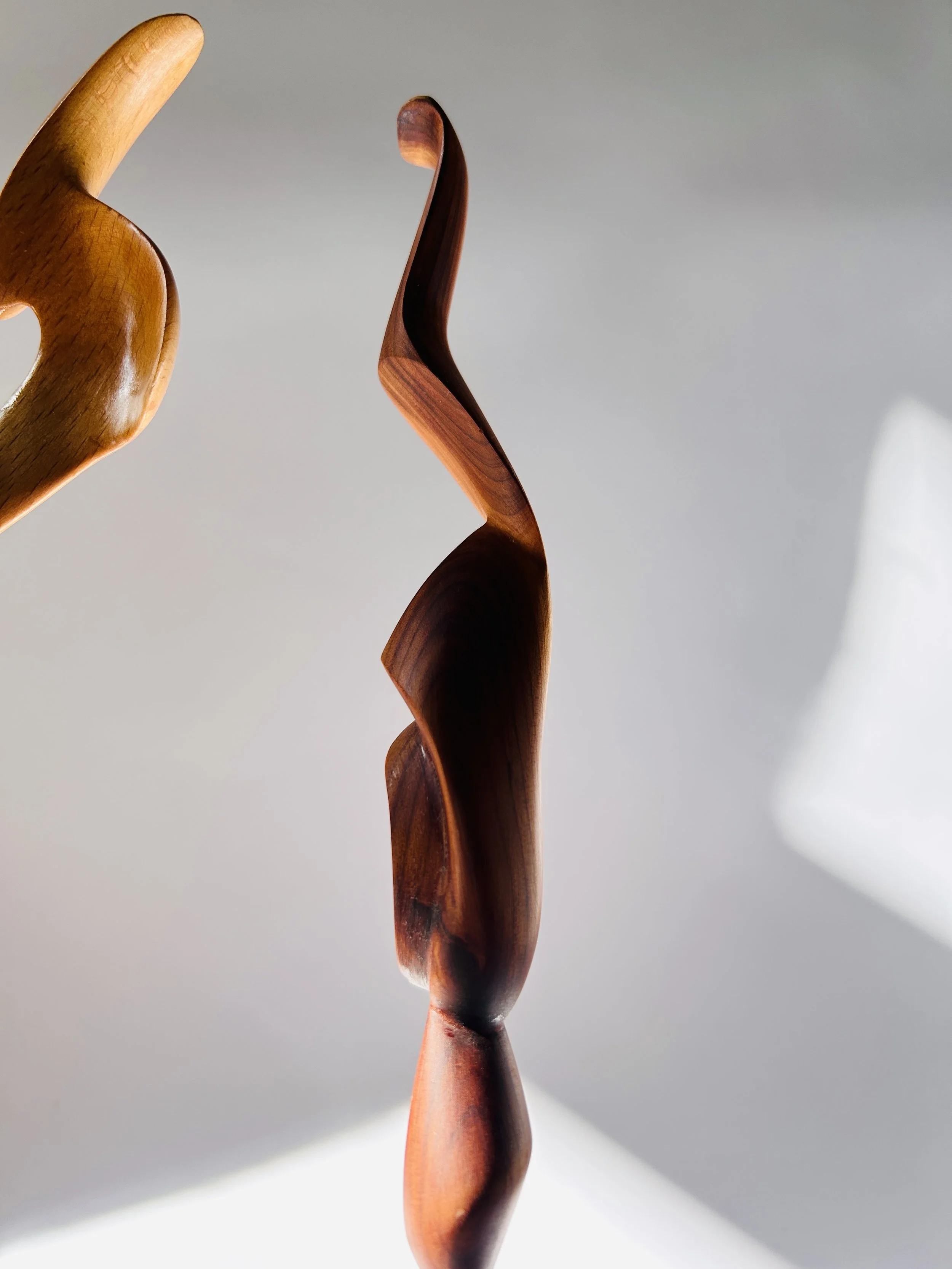 Vintage hand-carved wooden abstract sculpture with organic modern form, studio craft wood art object