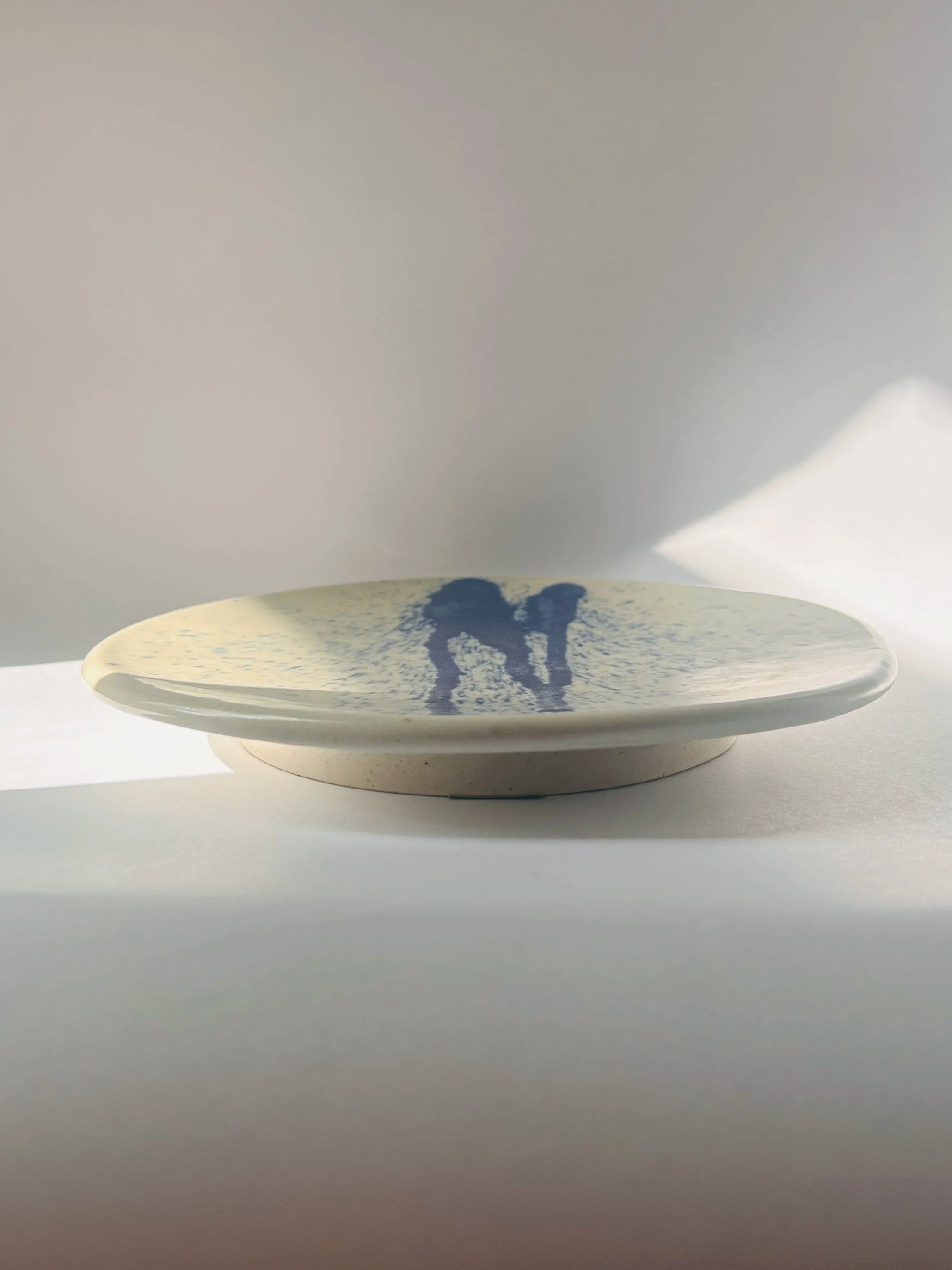 Abstract ceramic pedestal plate with blue drip glaze, handcrafted studio pottery dish