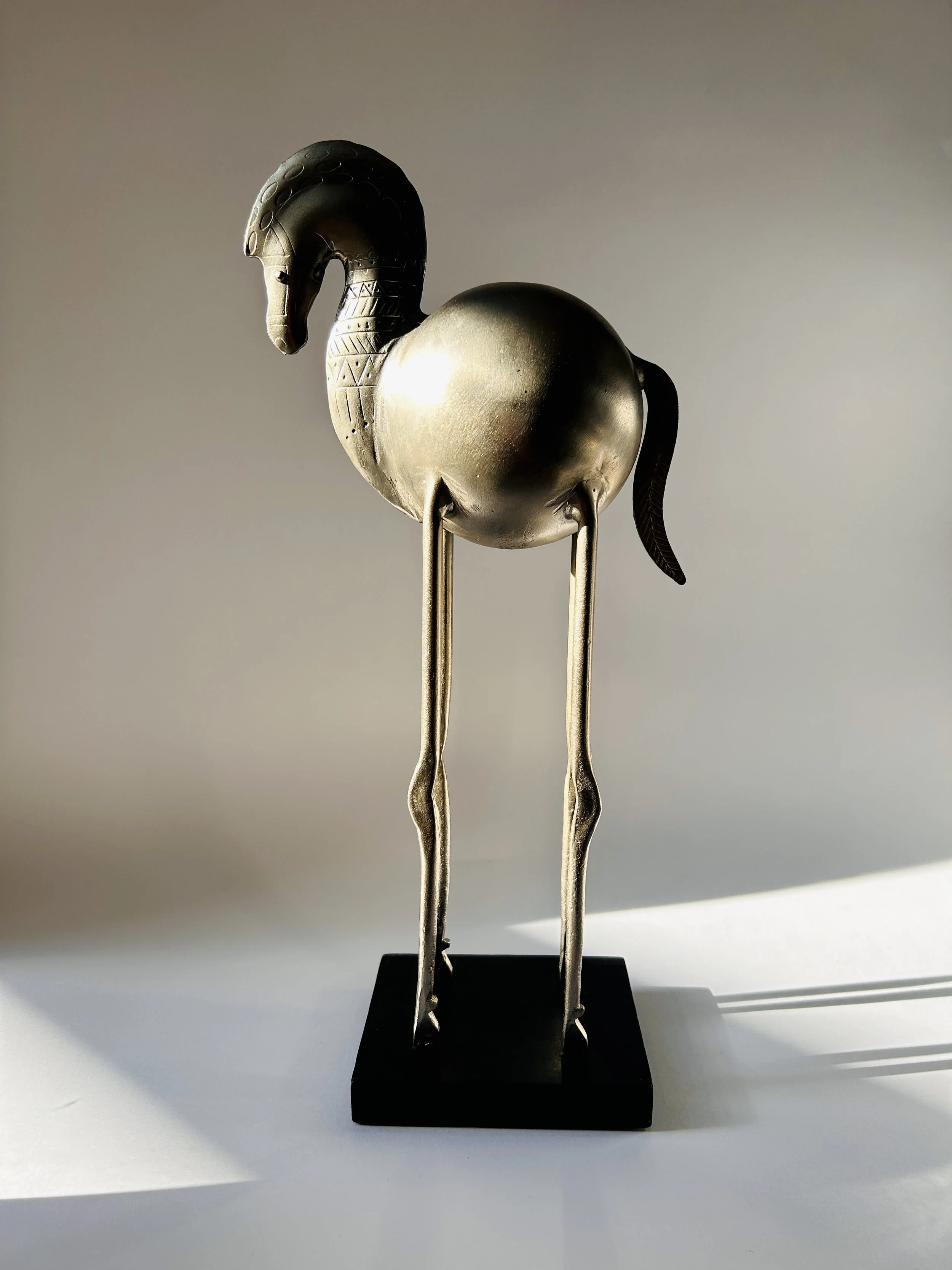 Pair of Bertil Bernhardt fat horse sculptures in silver with long legs, mid century modern Scandinavian decor