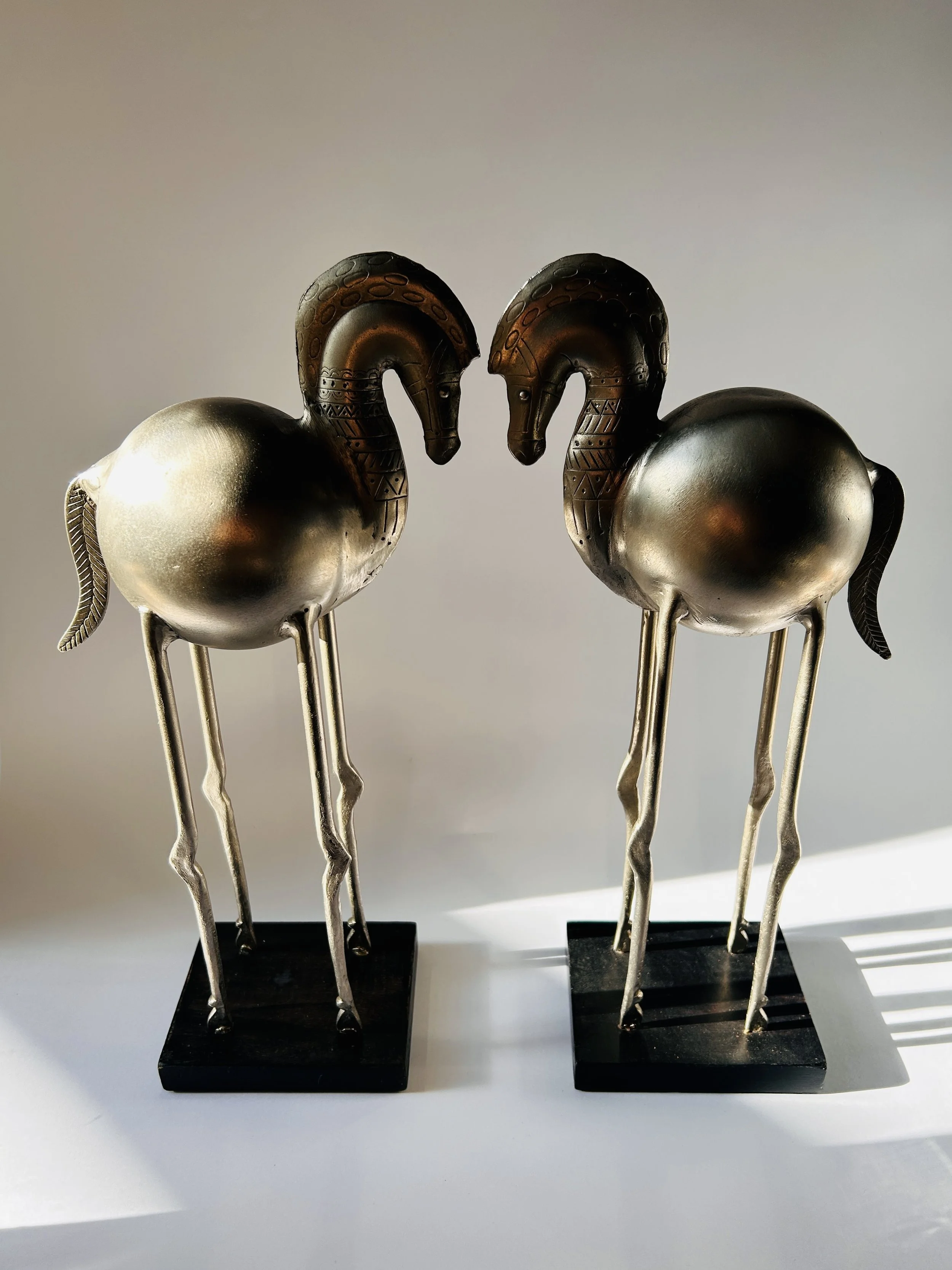 Pair of Bertil Bernhardt fat horse sculptures in silver with long legs, mid century modern Scandinavian decor