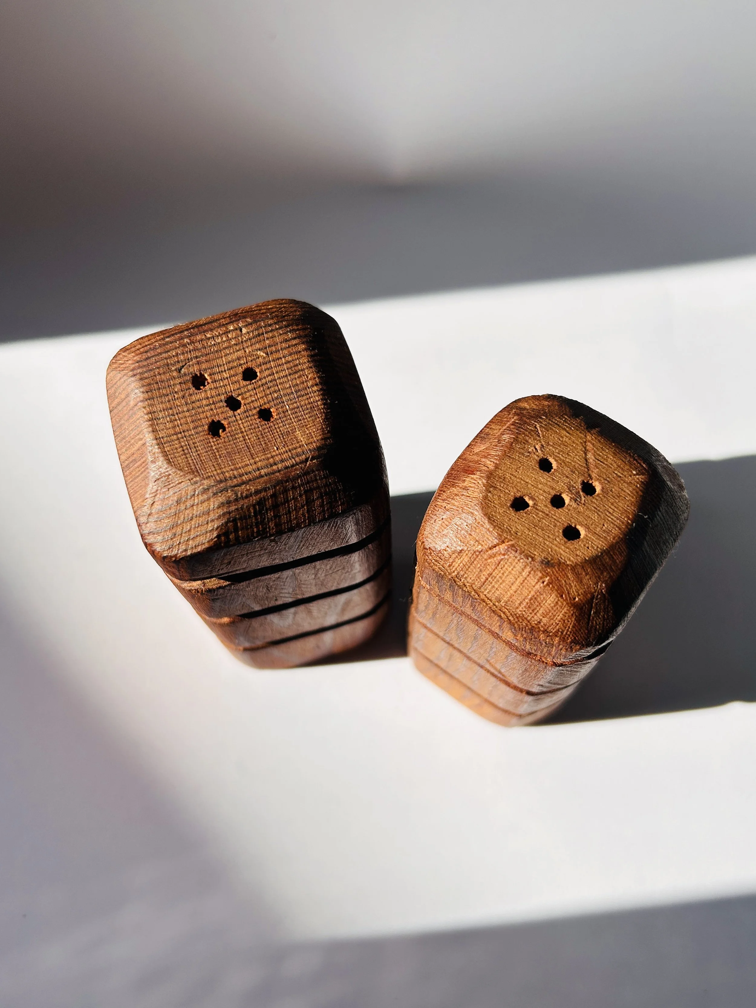Danish teak salt and pepper shakers with stacked geometric design, mid century modern wooden spice set