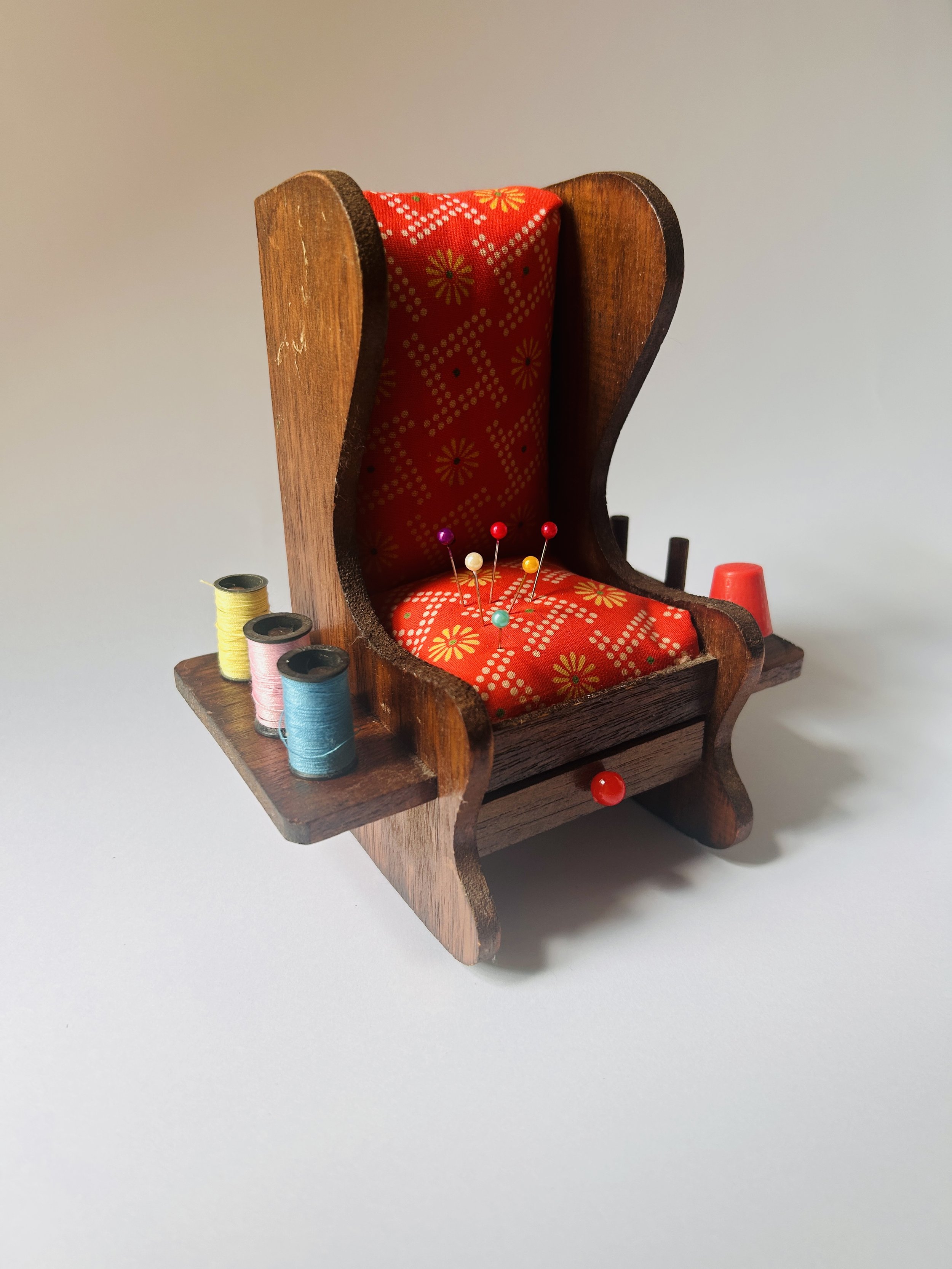 Thread caddy, vintage miniature wooden chair with red patterned cushion and small drawer, folk art decorative accent