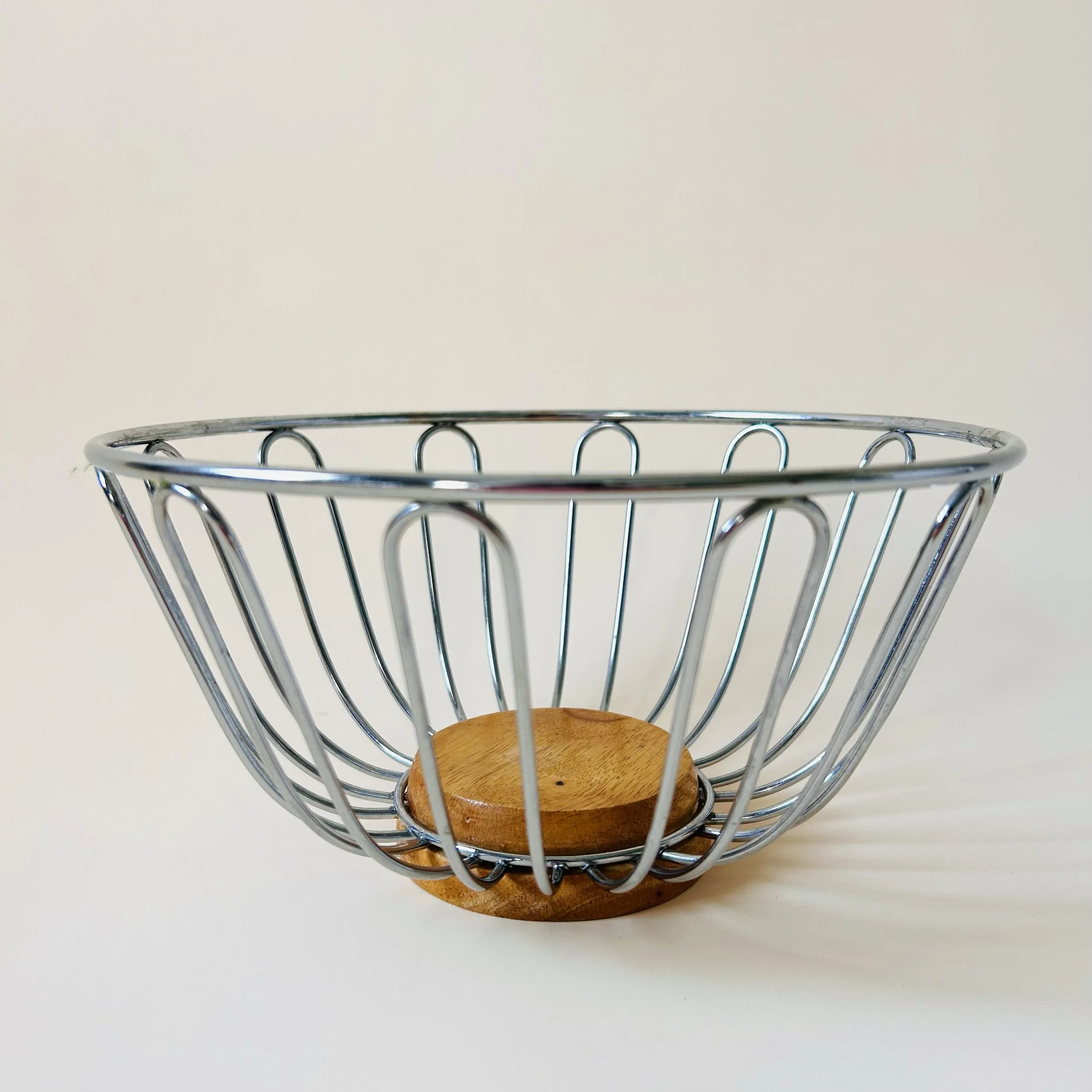 Contemporary Round Stainless Steel and Wood Countertop Basket