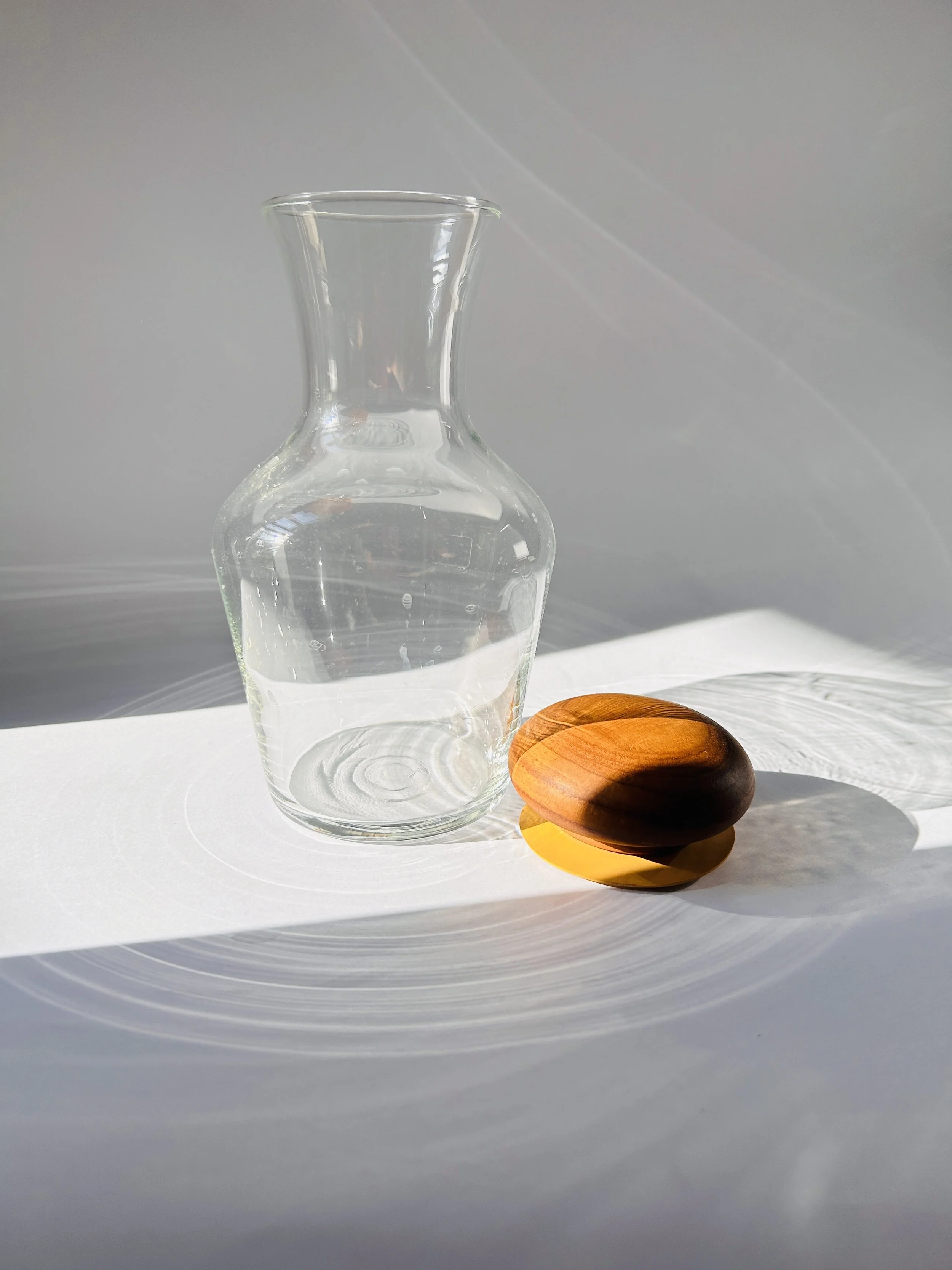 Vintage Luminarc French glass decanter with teak wood lid, minimalist mid century wine carafe with clear glass