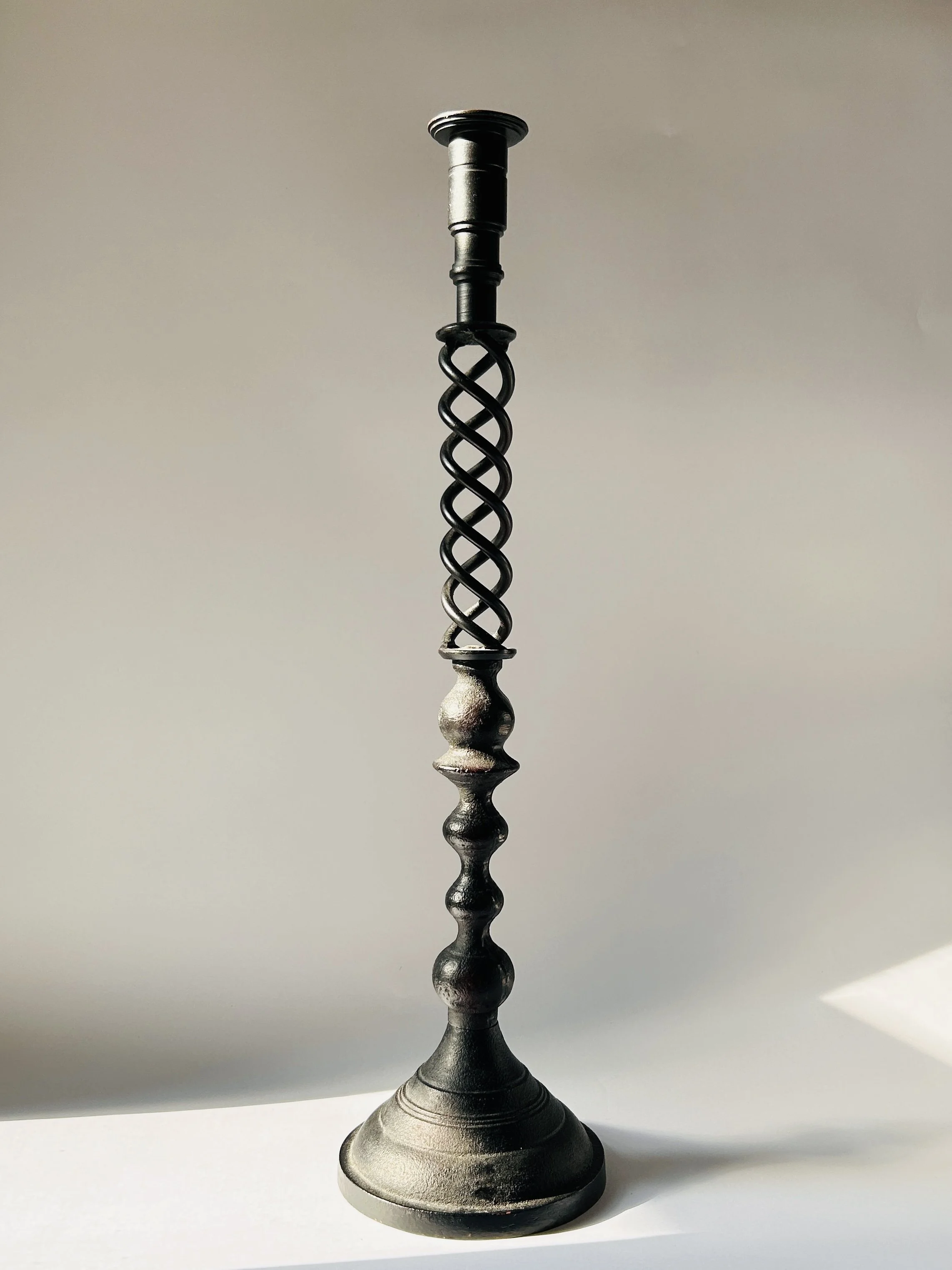 Vintage iron barley twist candlestick, tall black metal candle holder with sculptural column
