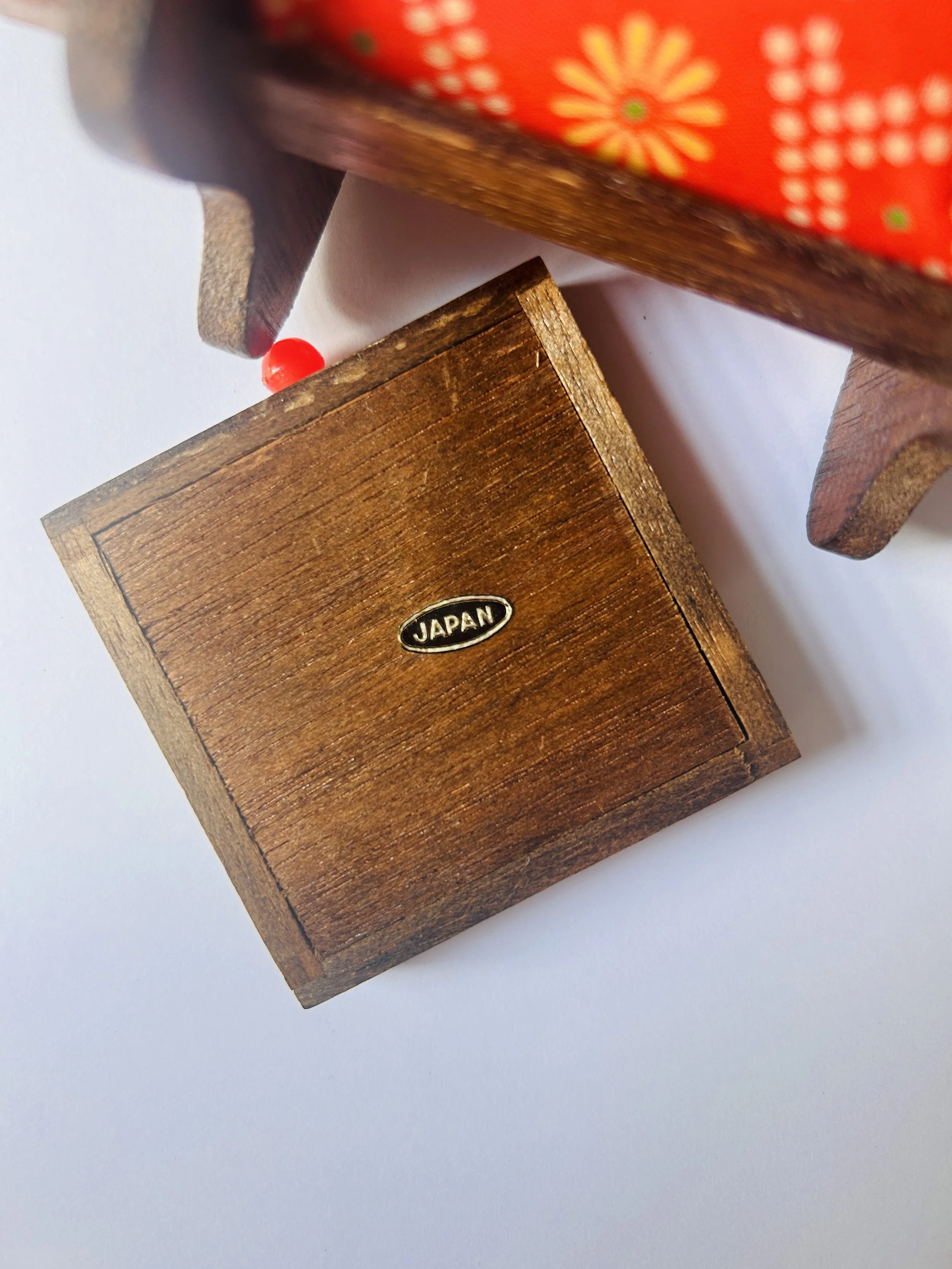 Thread caddy, vintage miniature wooden chair with red patterned cushion and small drawer, folk art decorative accent