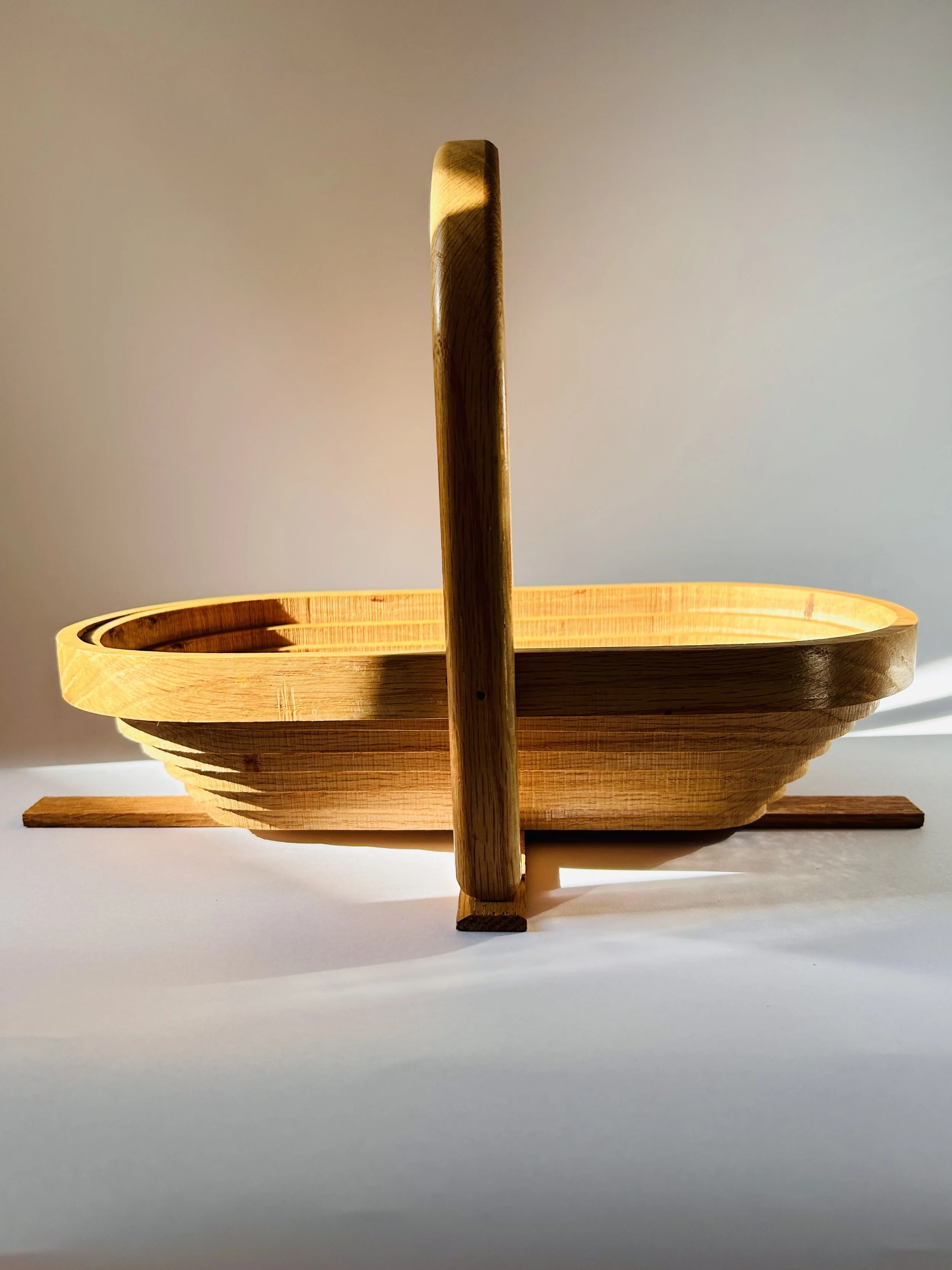 Handmade collapsible wooden basket with layered design, vintage expandable wood fruit basket with handle