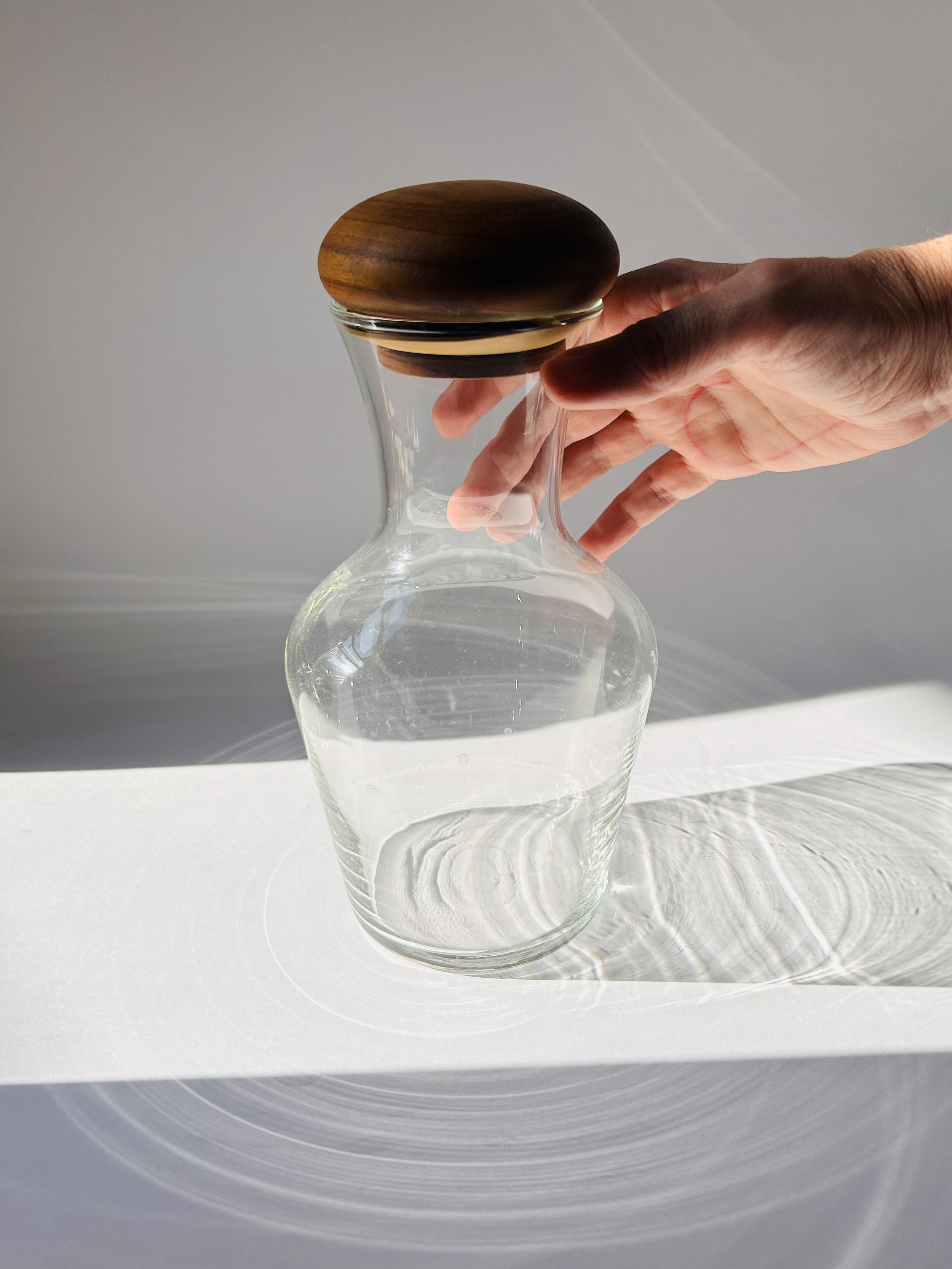 Vintage Luminarc French glass decanter with teak wood lid, minimalist mid century wine carafe with clear glass