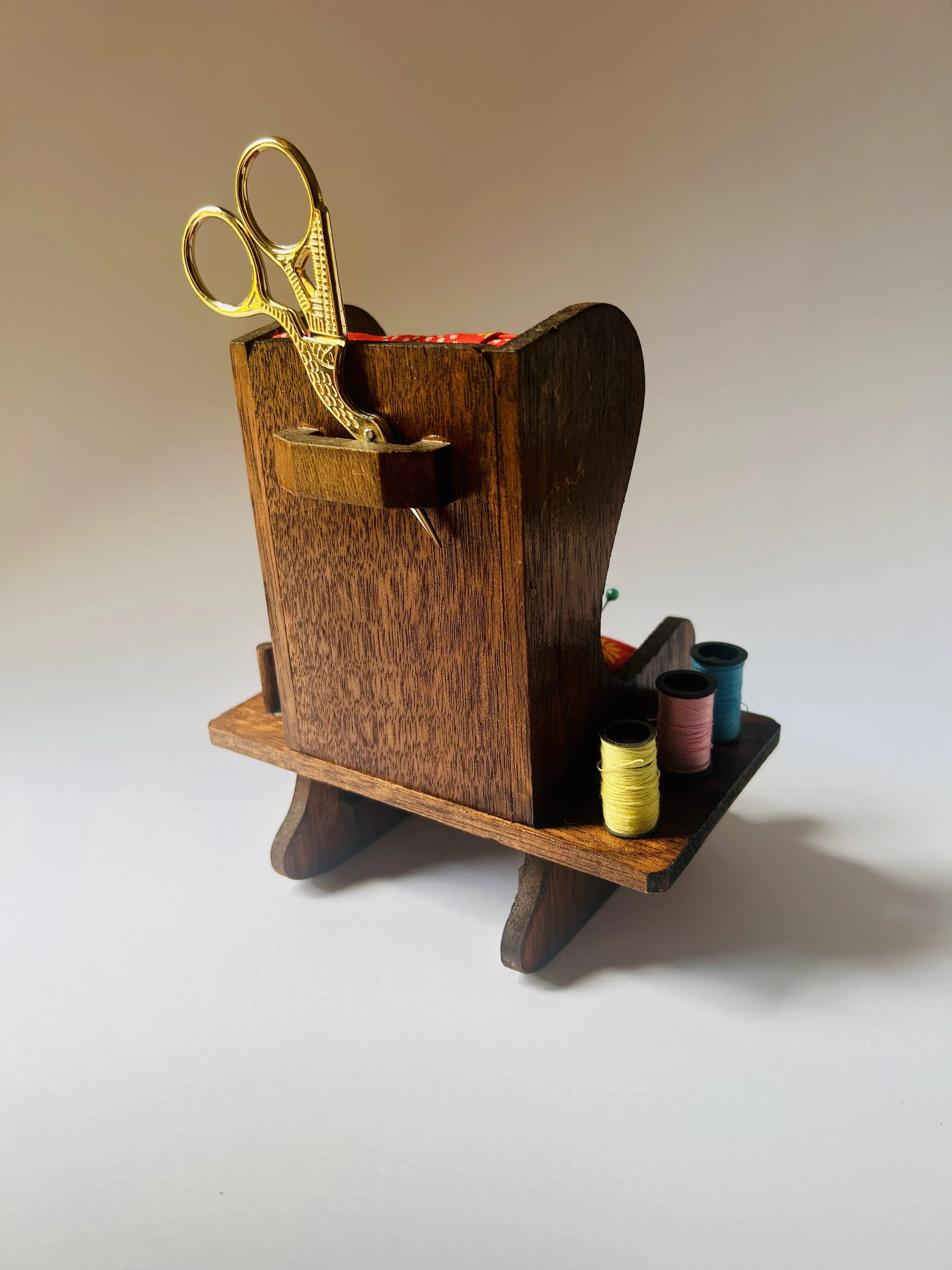 Thread caddy, vintage miniature wooden chair with red patterned cushion and small drawer, folk art decorative accent