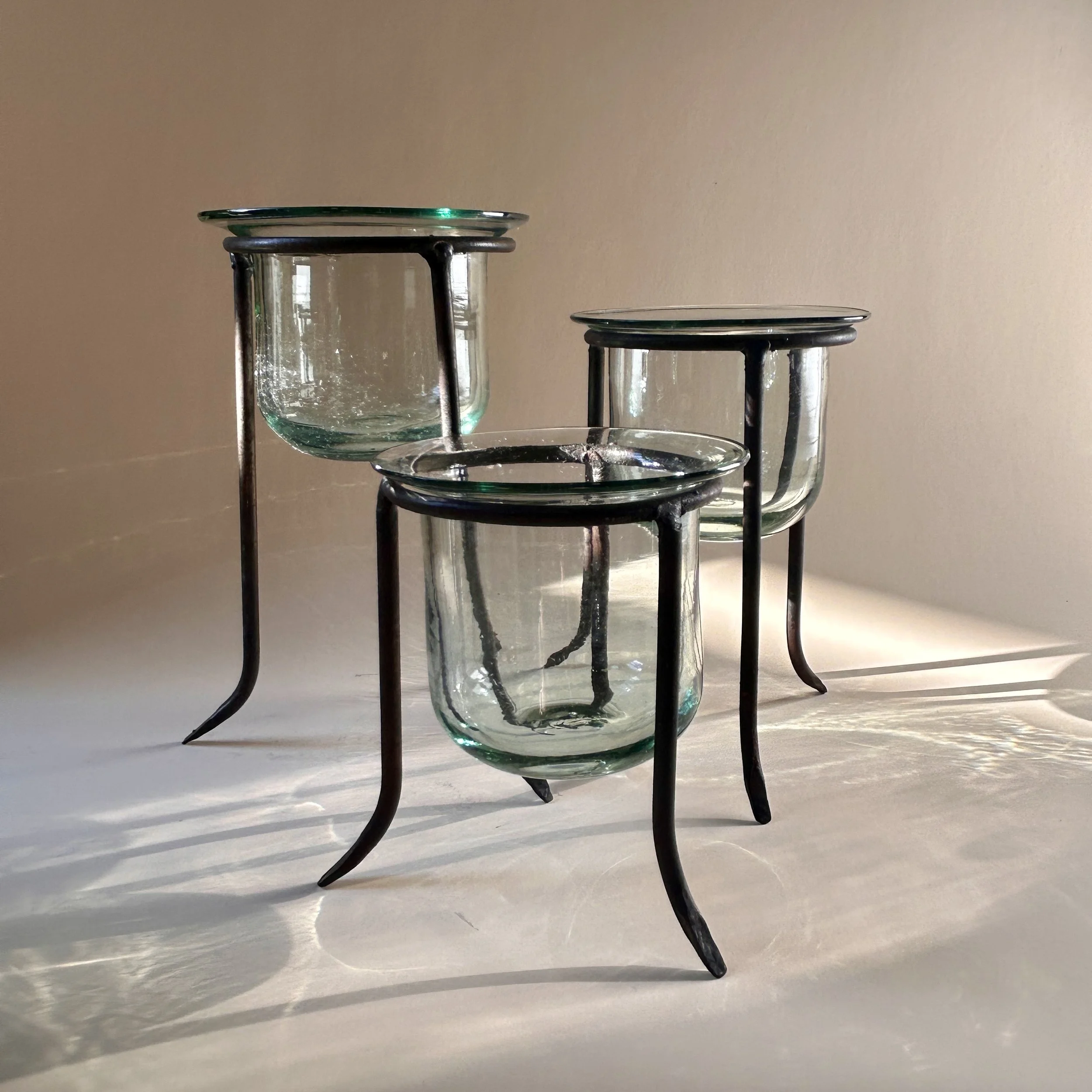 Contemporary Iron & Handblown Glass Tealight Trio