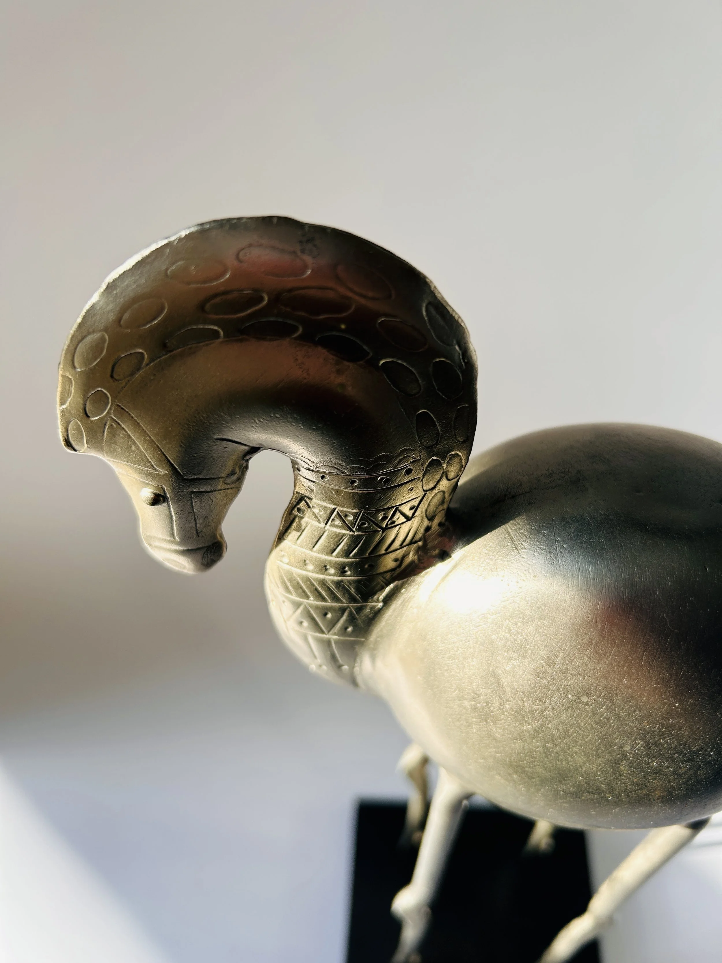 Pair of Bertil Bernhardt fat horse sculptures in silver with long legs, mid century modern Scandinavian decor