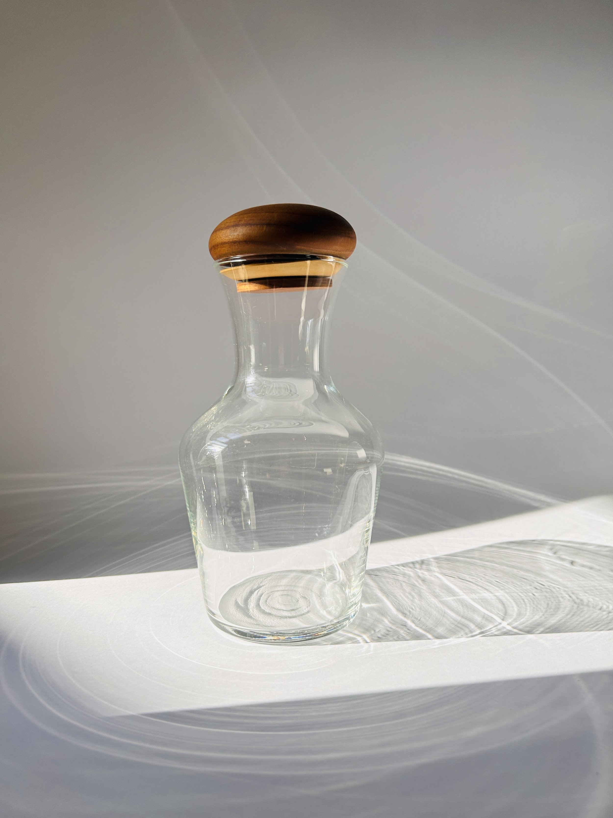 Vintage Luminarc French glass decanter with teak wood lid, minimalist mid century wine carafe with clear glass