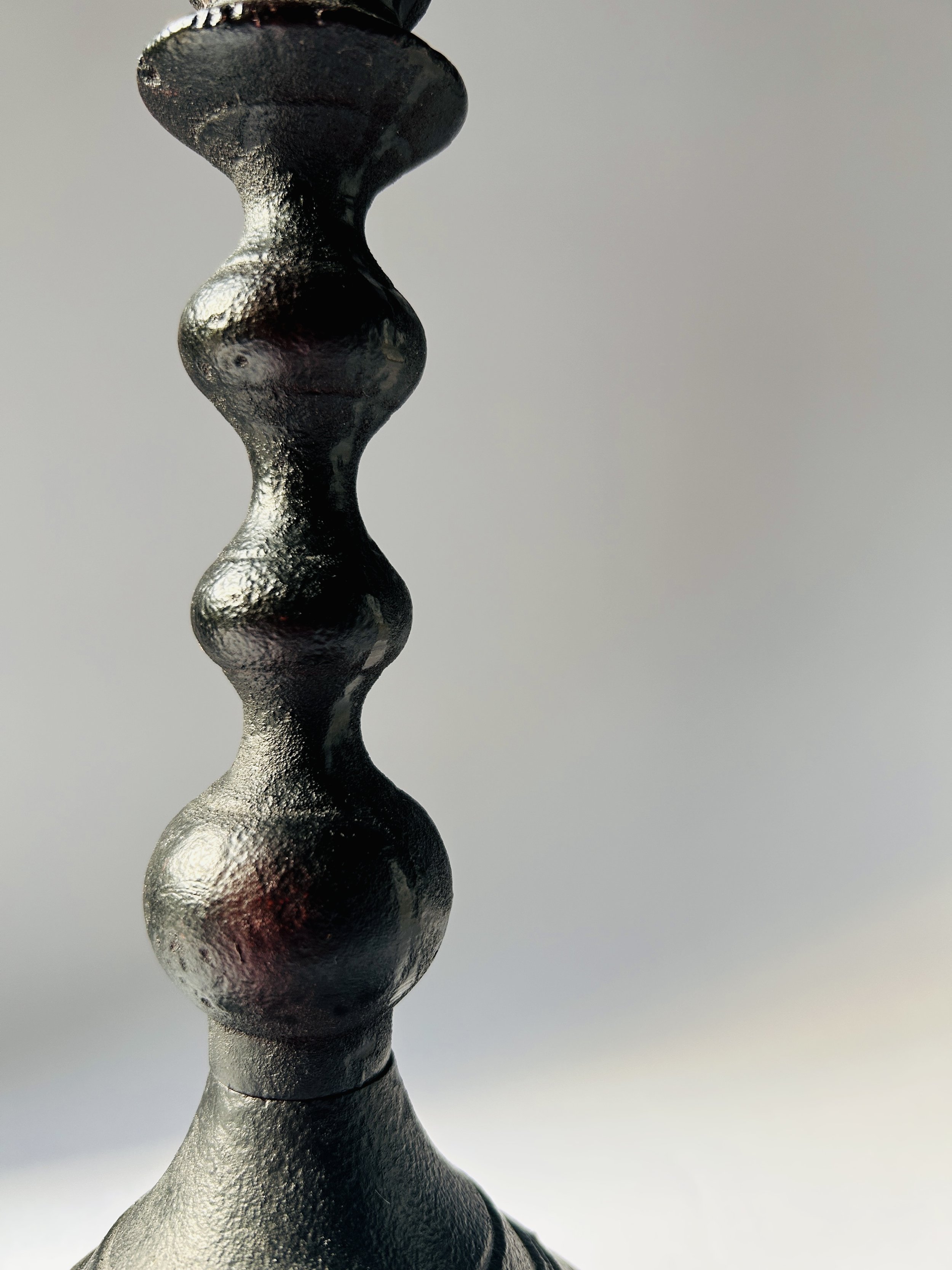Vintage iron barley twist candlestick, tall black metal candle holder with sculptural column
