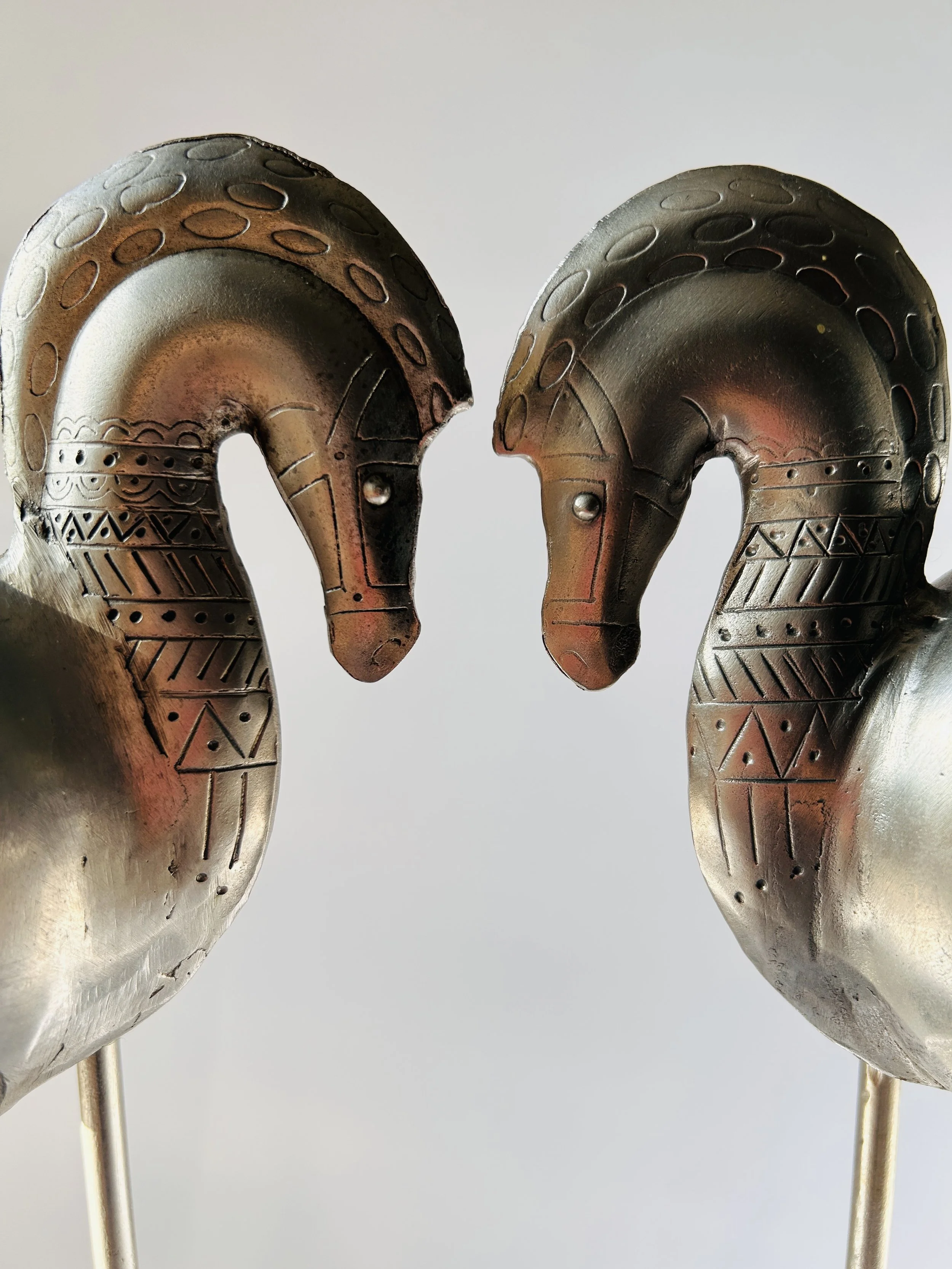 Pair of Bertil Bernhardt fat horse sculptures in silver with long legs, mid century modern Scandinavian decor