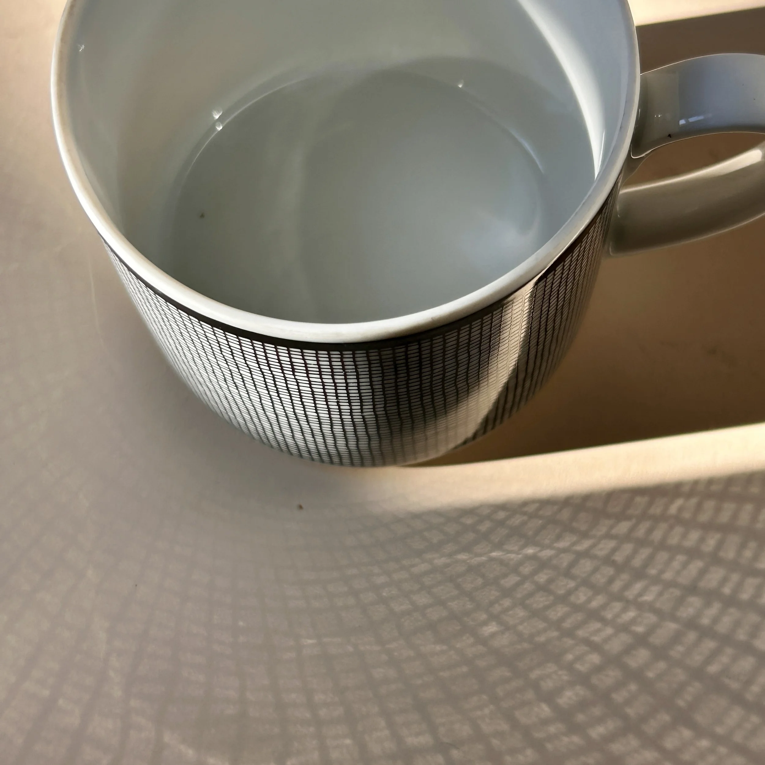 Set of four white Nancy Calhoun Chambray porcelain mugs with fine black grid pattern, black rim and white handles.
