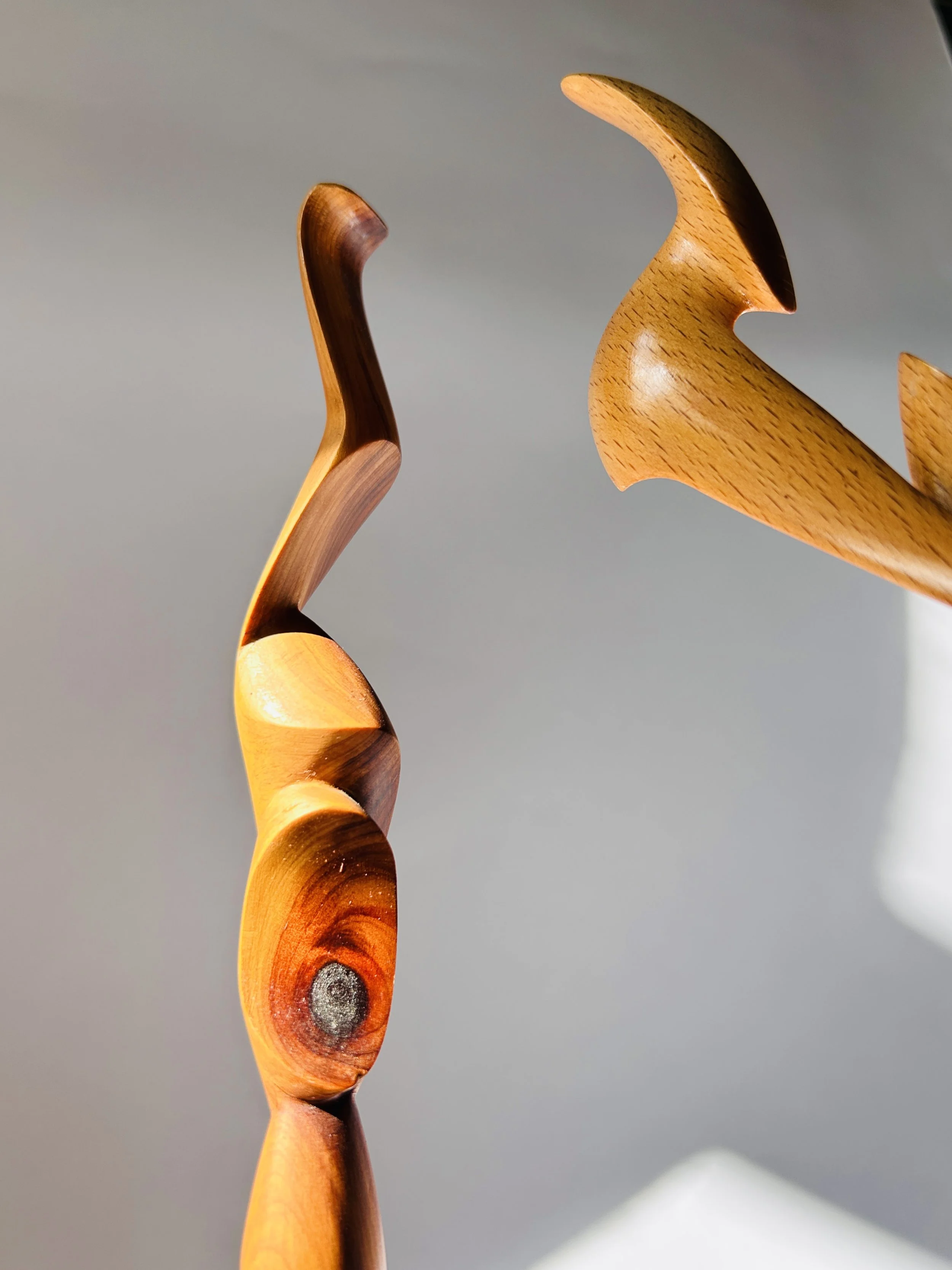 Vintage hand-carved wooden abstract sculpture with organic modern form, studio craft wood art object