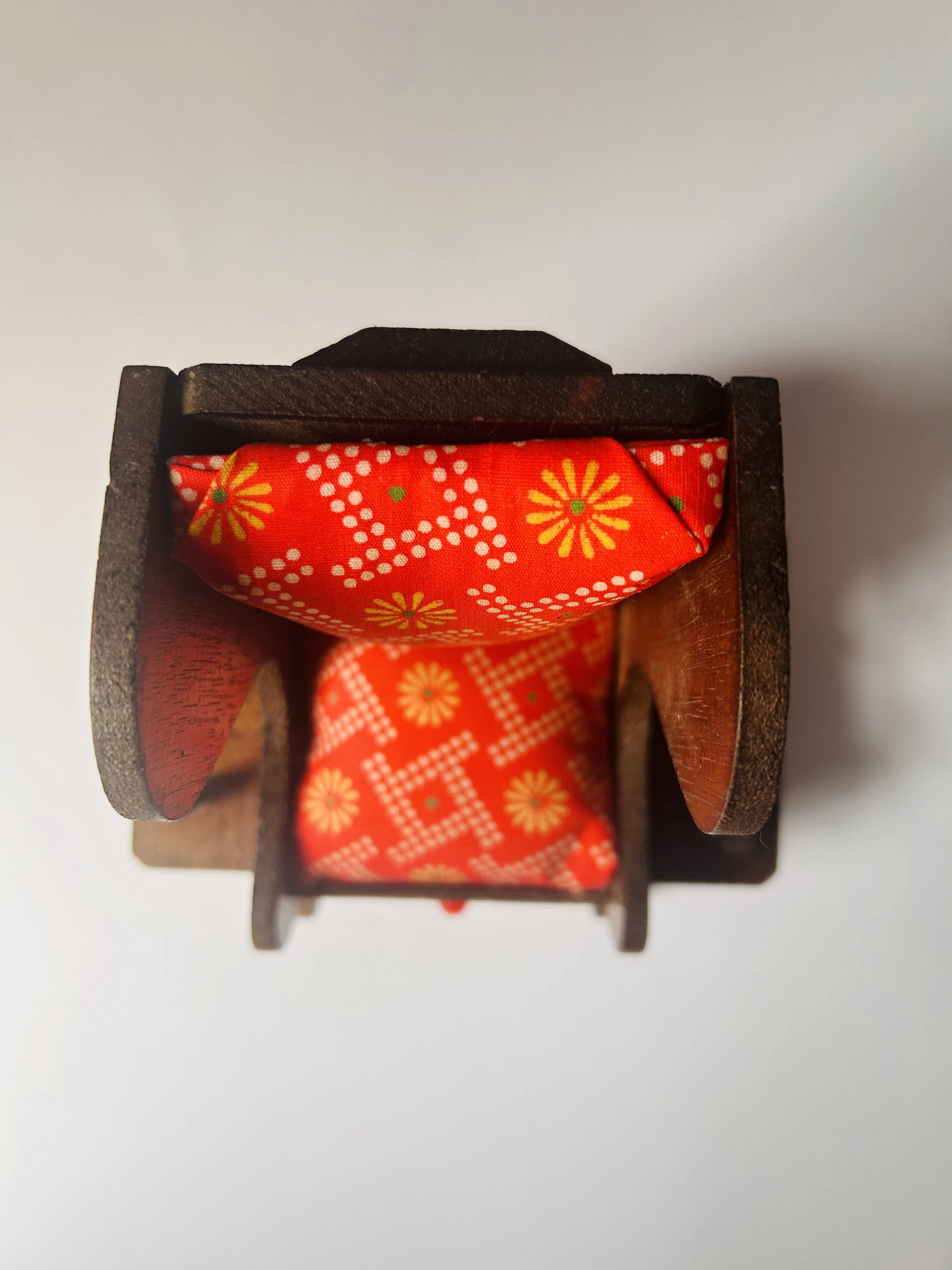 Thread caddy, vintage miniature wooden chair with red patterned cushion and small drawer, folk art decorative accent