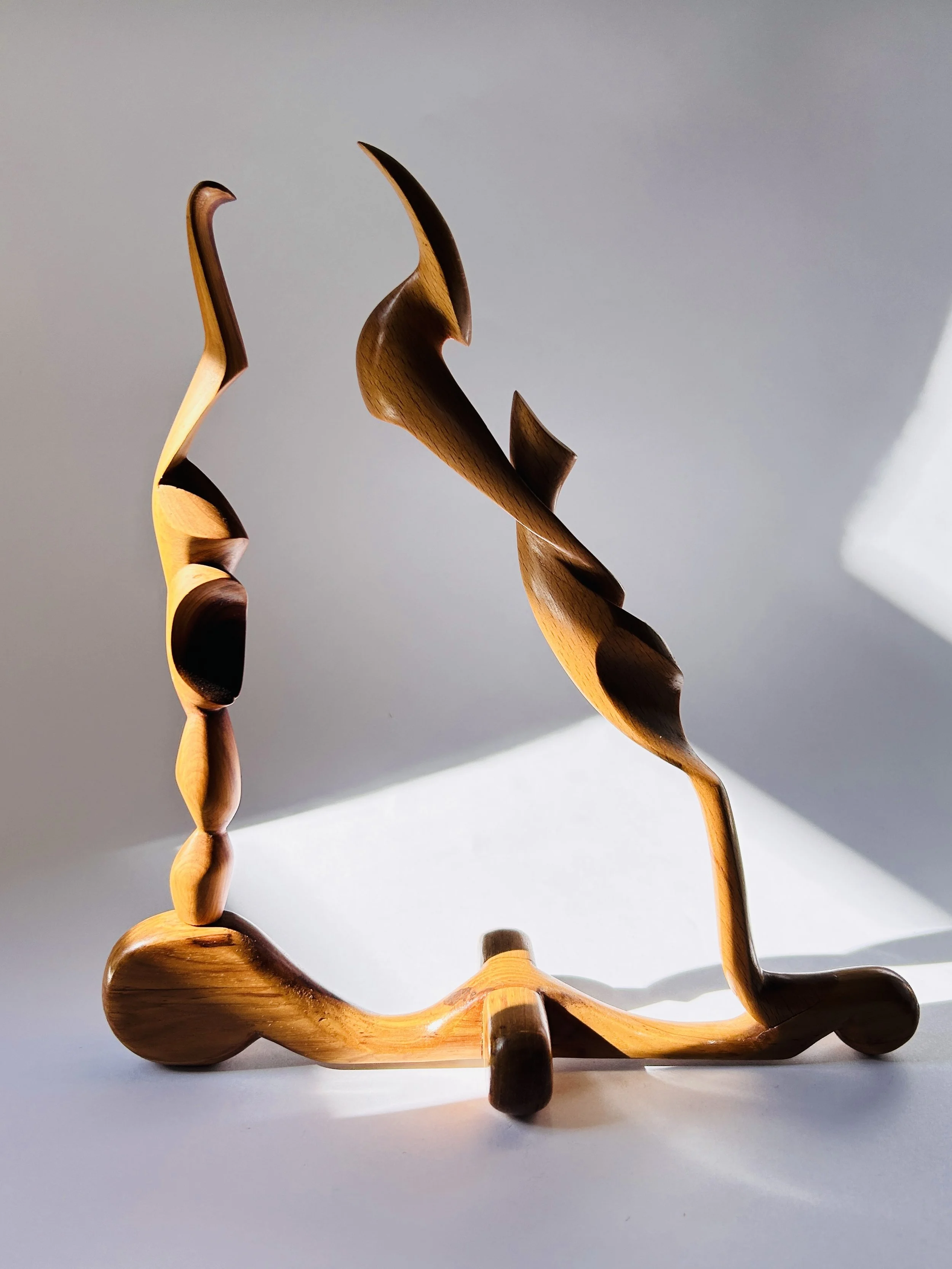 Vintage hand-carved wooden abstract sculpture with organic modern form, studio craft wood art object